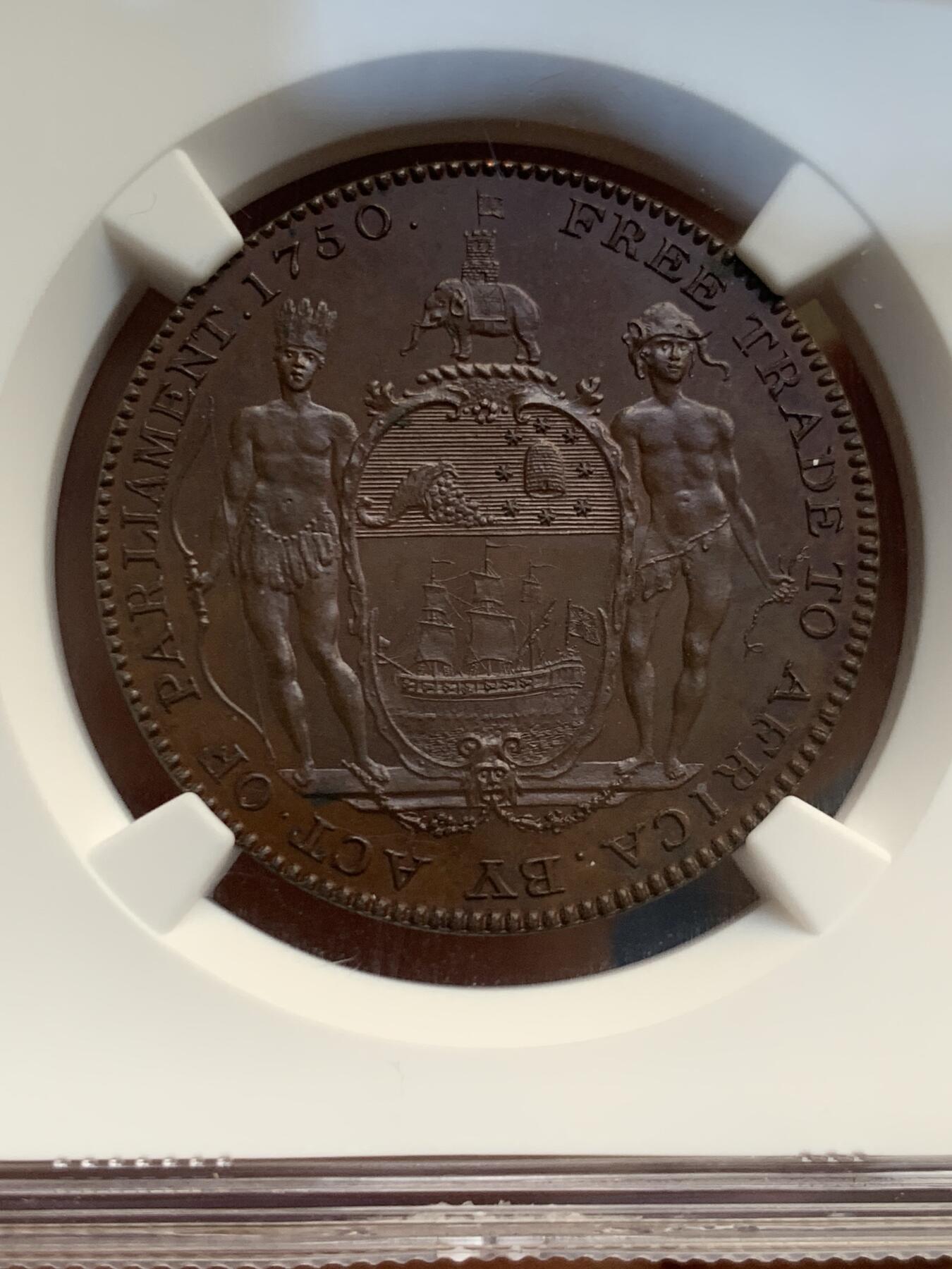 《竞宝斋》第370场 周日，周一 2场连拍 （全场包邮） NGC PF65 BN 黄金海岸 1796 英属加纳 乔治三世 1阿基 铜币 稀缺品种 状态分数都值得收藏