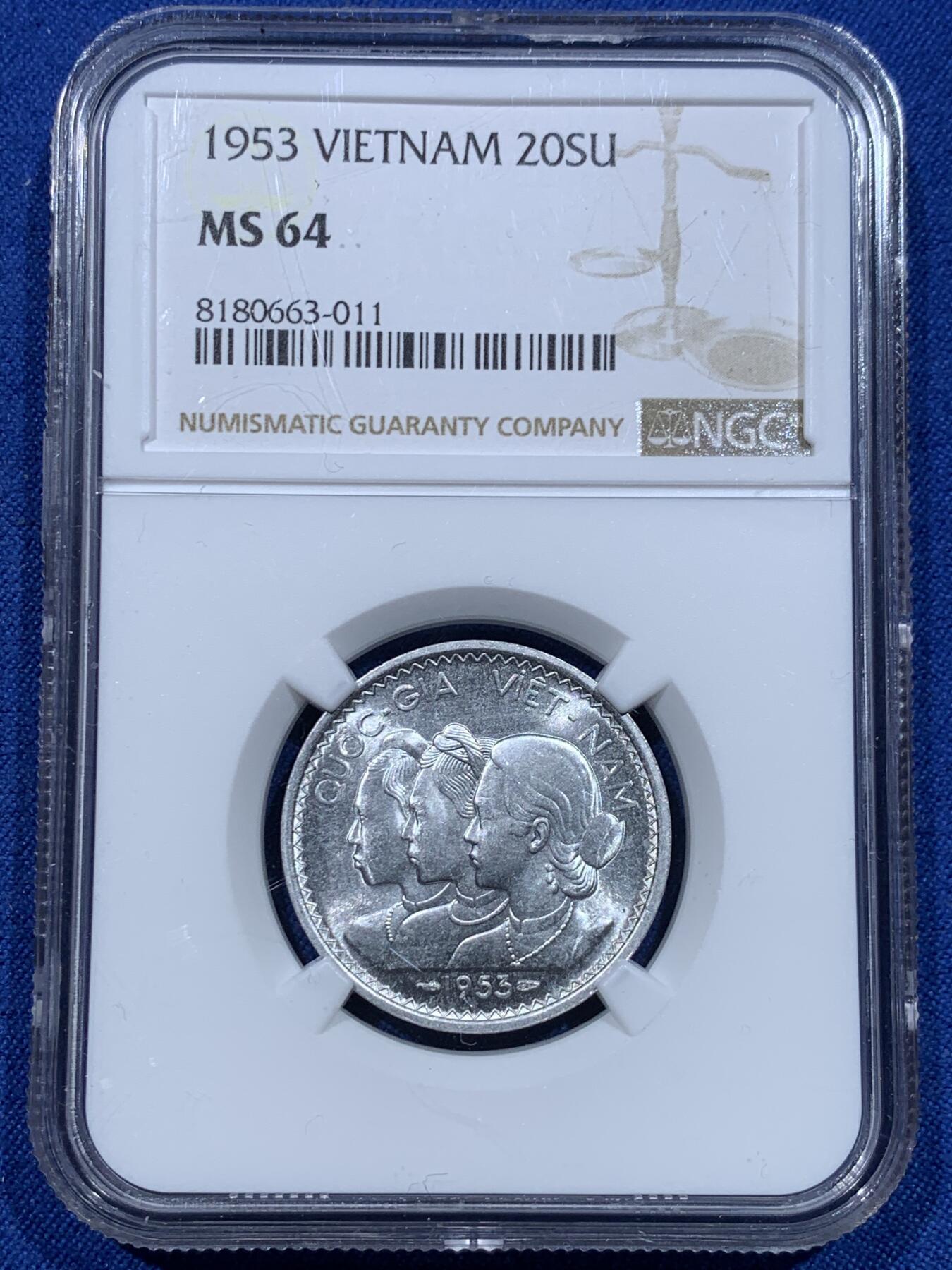 《竞宝斋》第370场 周日，周一 2场连拍 （全场包邮） NGC MS64 越南1953年三姐妹20苏