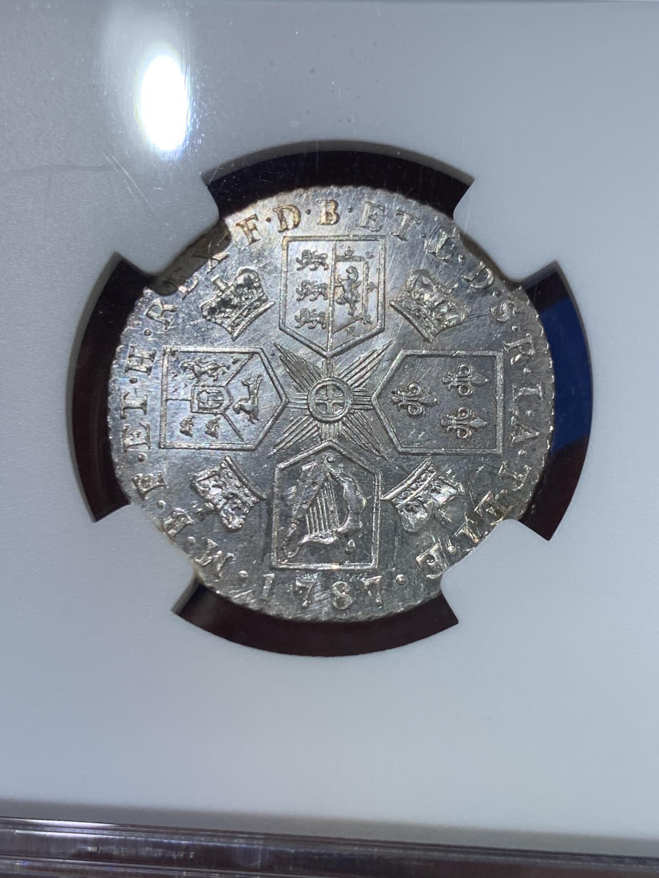 《竞宝斋》第370场 周日，周一 2场连拍 （全场包邮） NGC MS63 英国1787年乔治三世1先令银币 ESC-1225 HEARTS