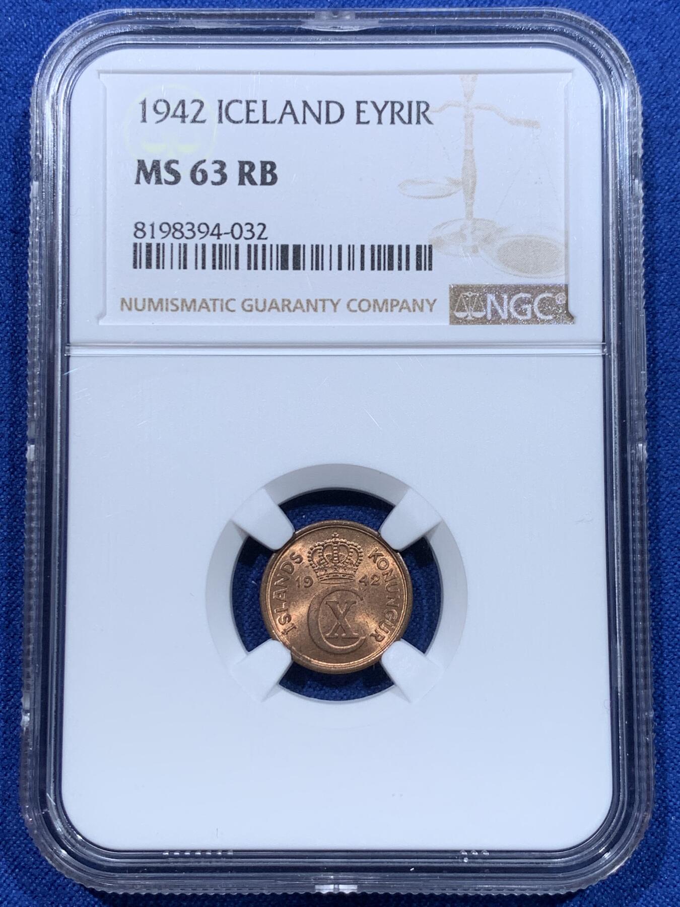 《竞宝斋》第370场 周日，周一 2场连拍 （全场包邮） NGC MS63RB 冰岛 1942年 1 艾里尔 铜币 末年高分好品