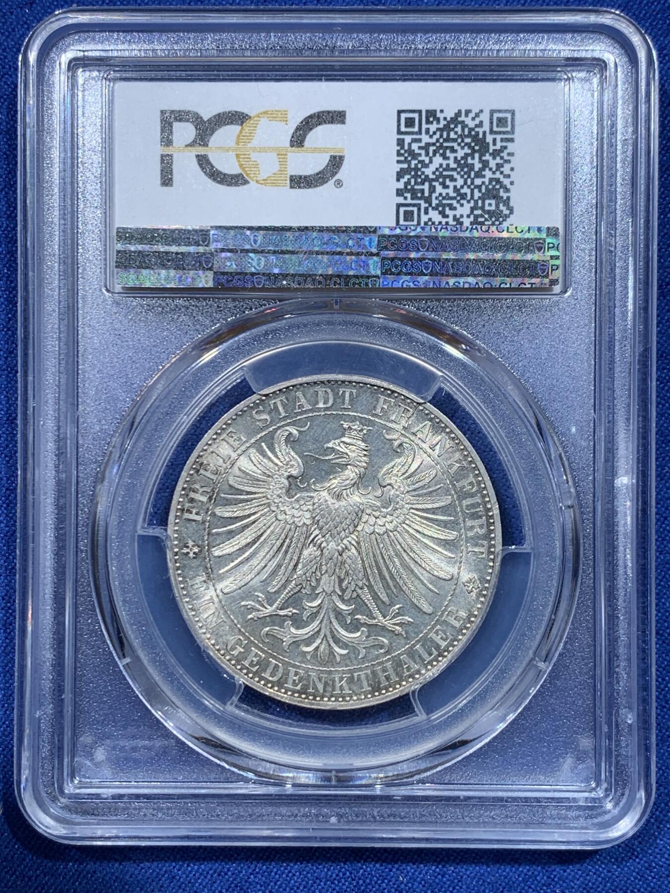 《竞宝斋》第370场 周日，周一 2场连拍 （全场包邮） PCGS MS64 德国1863年法兰克福王子议会泰勒银币，底板状态漂亮，经典的法兰克福市政厅。