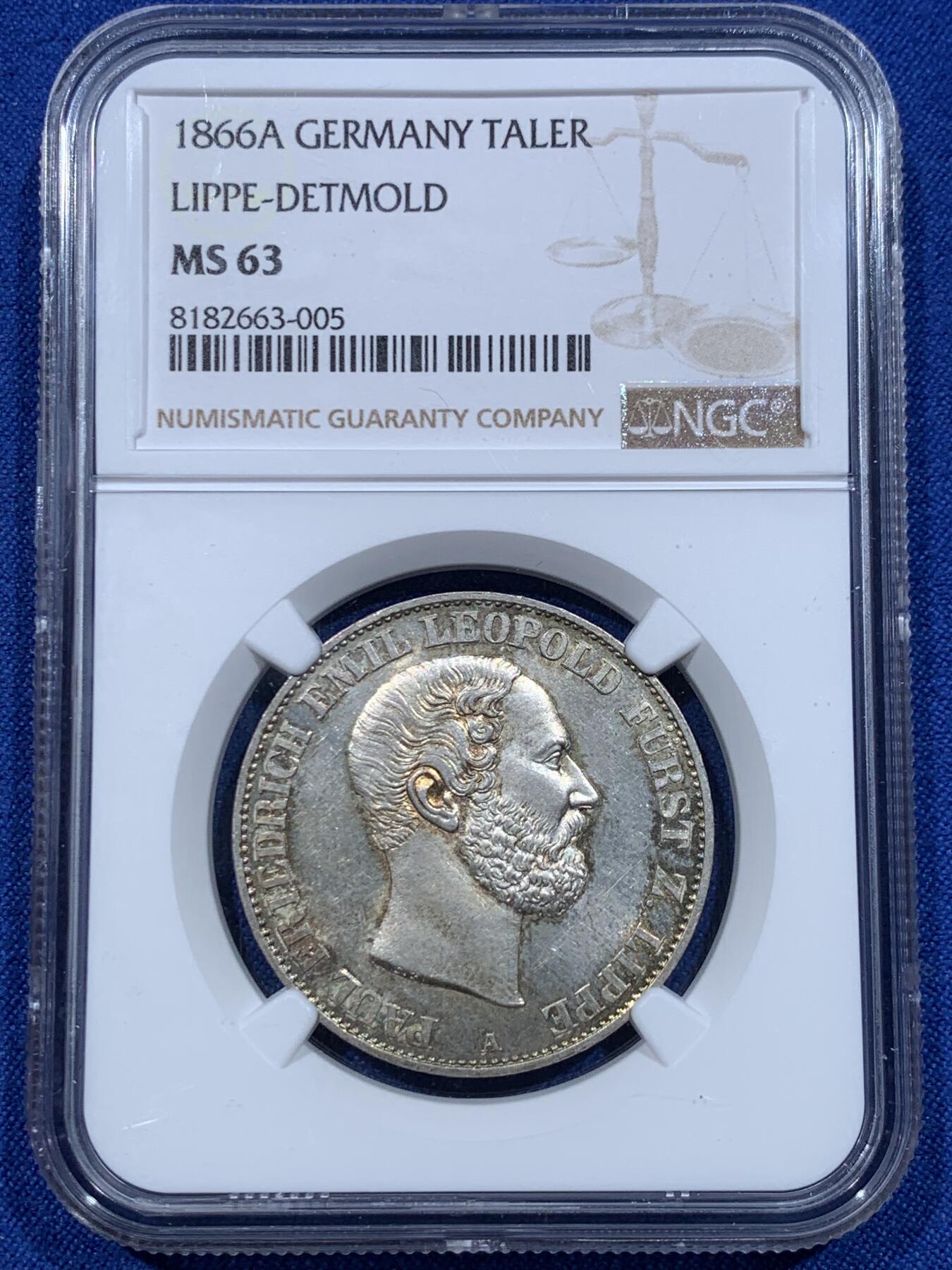 《竞宝斋》第370场 周日，周一 2场连拍 （全场包邮） 冠军分 NGC MS63 德国 1866年 利珀公国 利奥波德三世 泰勒银币 发行量仅18000枚 小邦高分 非常难得的品种