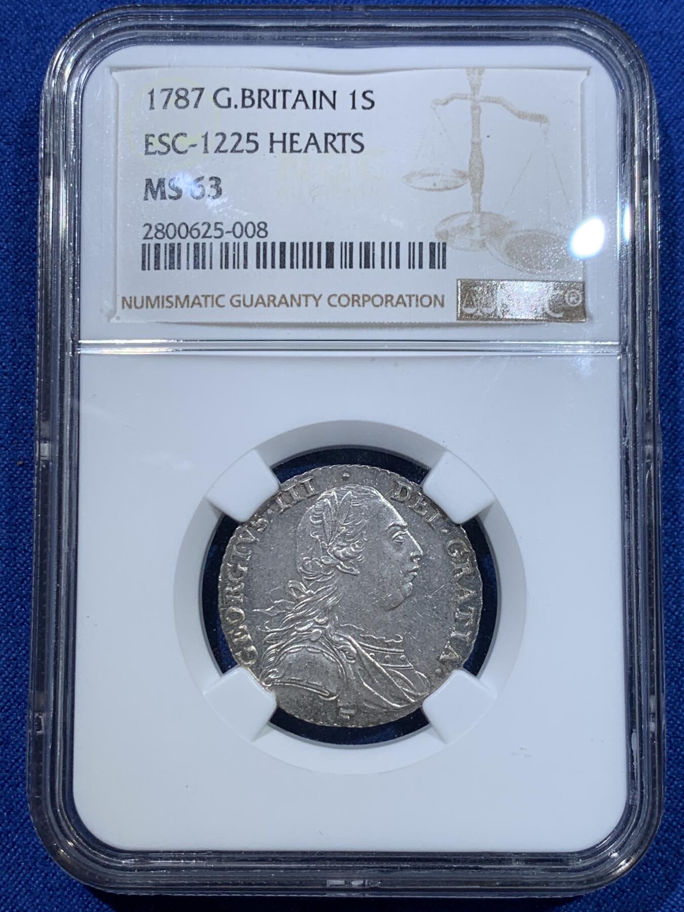 《竞宝斋》第370场 周日，周一 2场连拍 （全场包邮） NGC MS63 英国1787年乔治三世1先令银币 ESC-1225 HEARTS