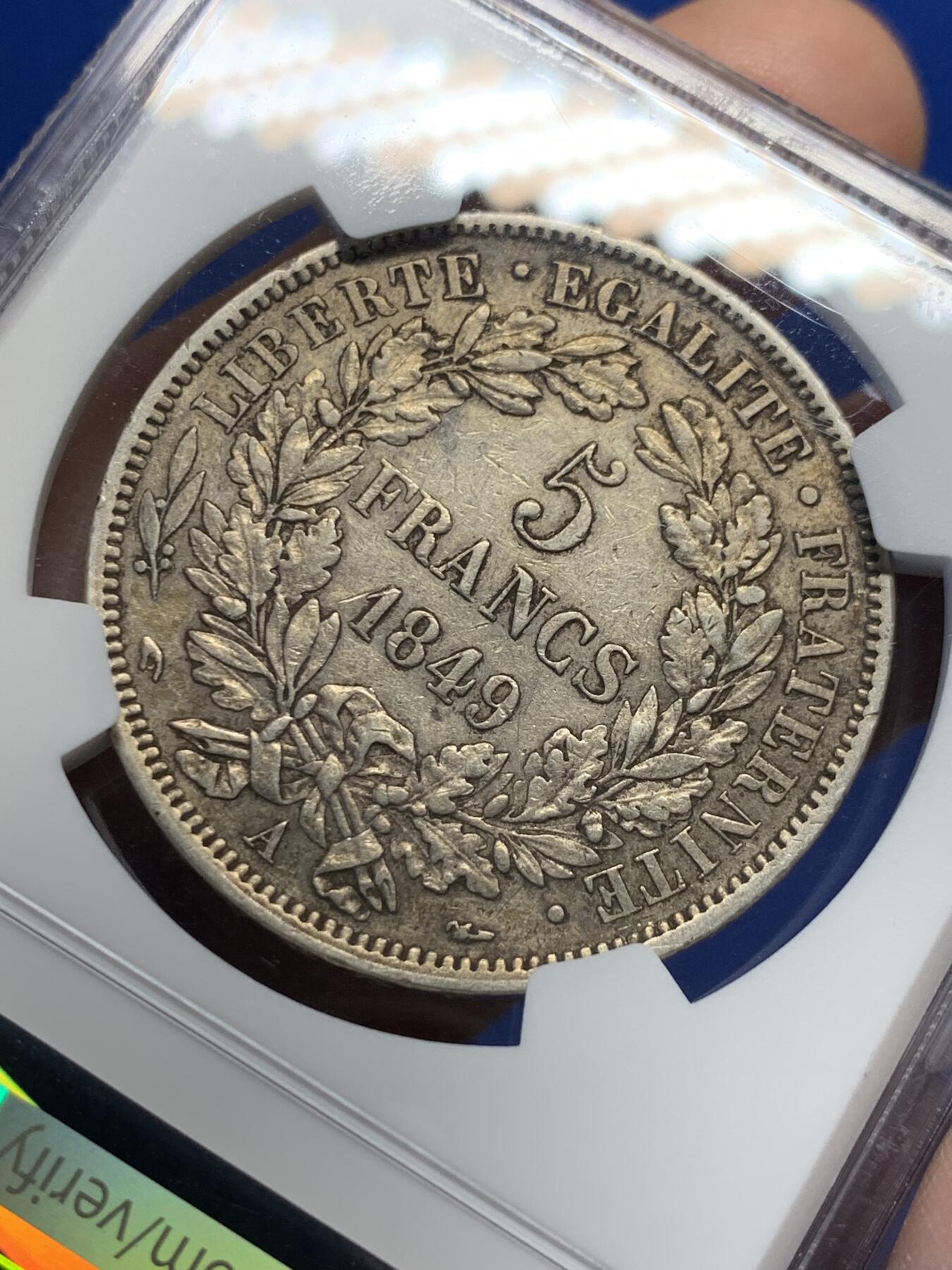 《竞宝斋》第370场 周日，周一 2场连拍 （全场包邮） NGC AU50 法国1849年谷物女神5法郎银币