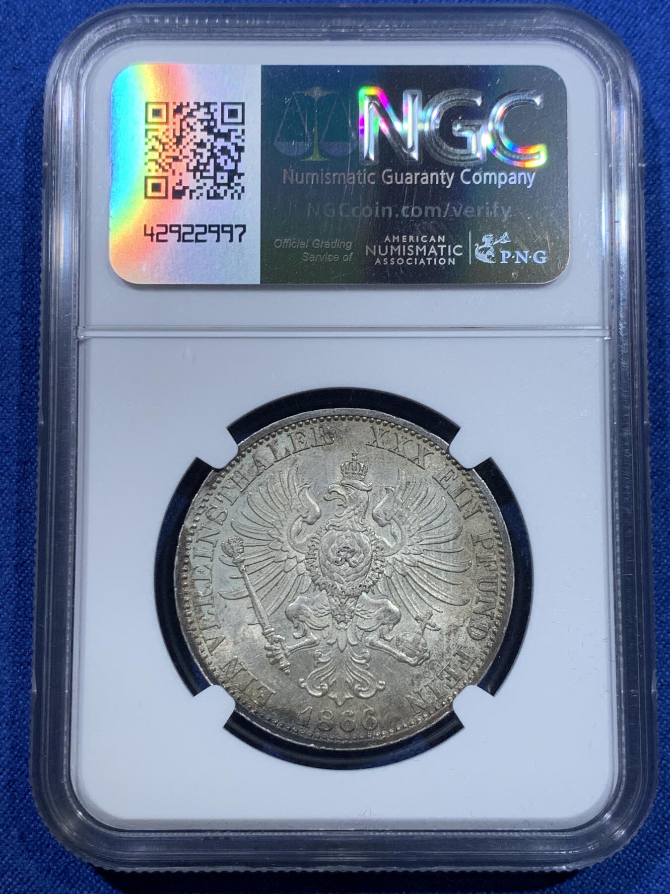 《竞宝斋》第370场 周日，周一 2场连拍 （全场包邮） NGC MS63 德国 1866年 德国普鲁士普奥战争胜利1泰勒 纪念银币 丝滑车轮银光