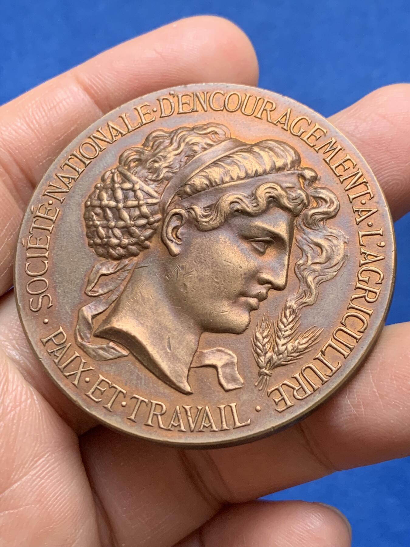 《竞宝斋》第370场 周日，周一 2场连拍 （全场包邮） 法国谷物女神农业铜章 59.4克 49.5mm