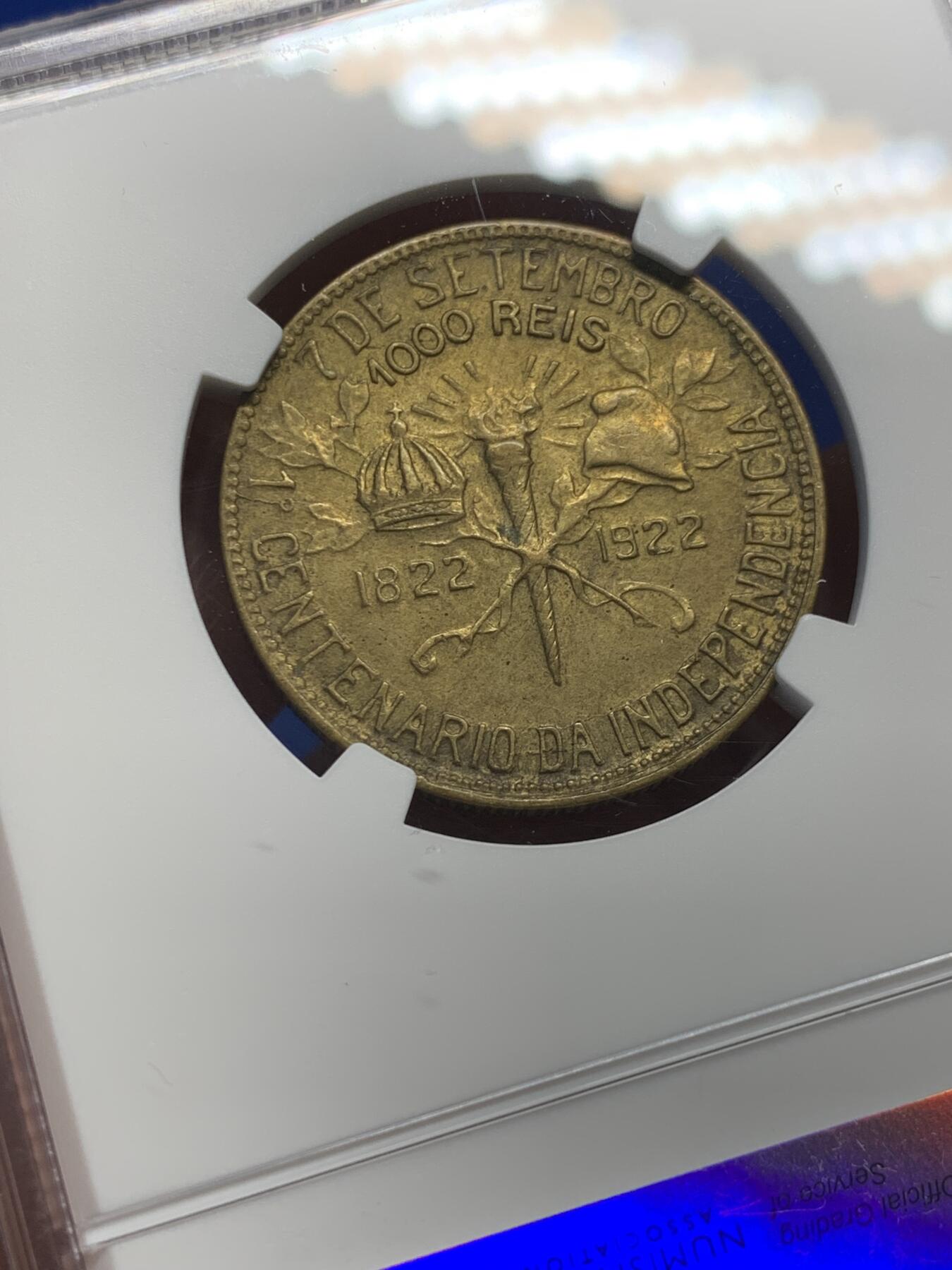 《竞宝斋》第370场 周日，周一 2场连拍 （全场包邮） NGC AU58 巴西1922年1000瑞斯铜币，纪念巴西独立100周年纪念币。