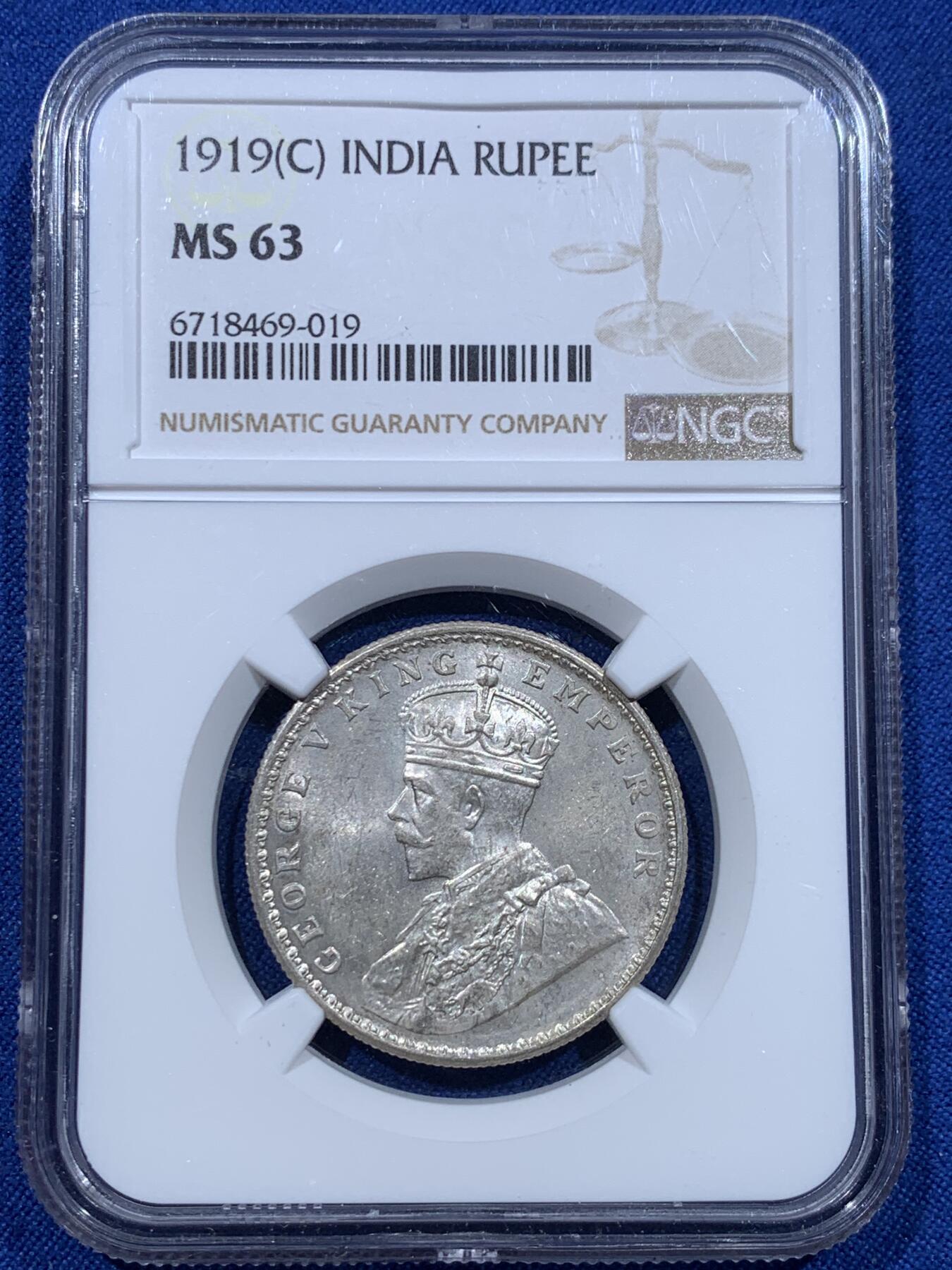 《竞宝斋》第370场 周日，周一 2场连拍 （全场包邮） NGC MS63 英属印度1919年乔治五世1卢比 C版加尔各答造