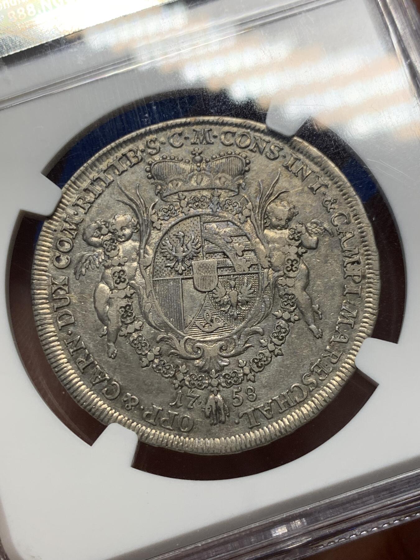 《竞宝斋》第370场 周日，周一 2场连拍 （全场包邮） NGC XF45 列支敦士登1758年1/2泰勒，亲王用于宣示主权和馈赠贵族，并不用于流通。单年版，发行量900枚