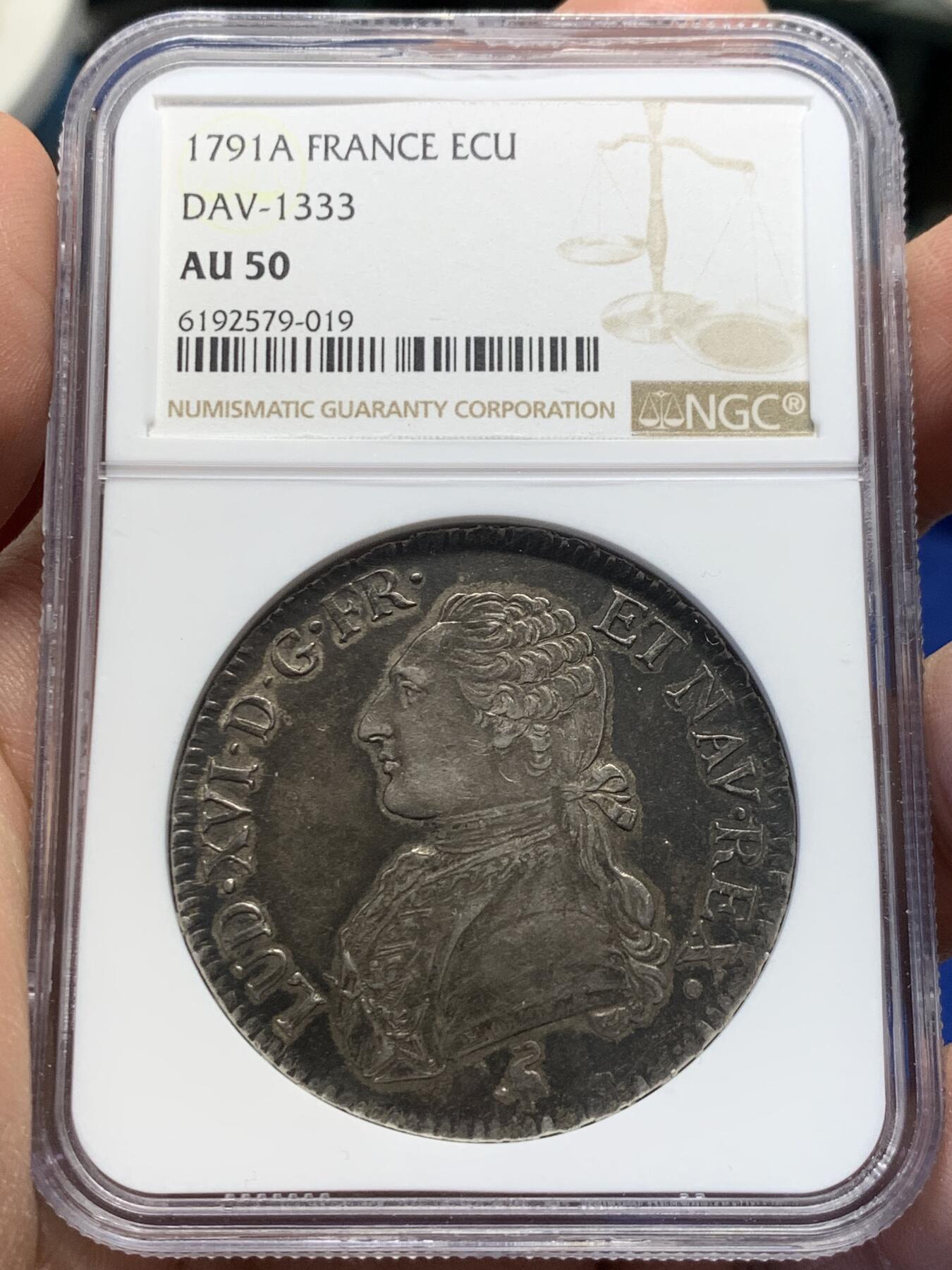 《竞宝斋》第370场 周日，周一 2场连拍 （全场包邮） NGC AU50 法国1791年路易十六埃居大印币 字口压铸清晰有力 巧克力包浆