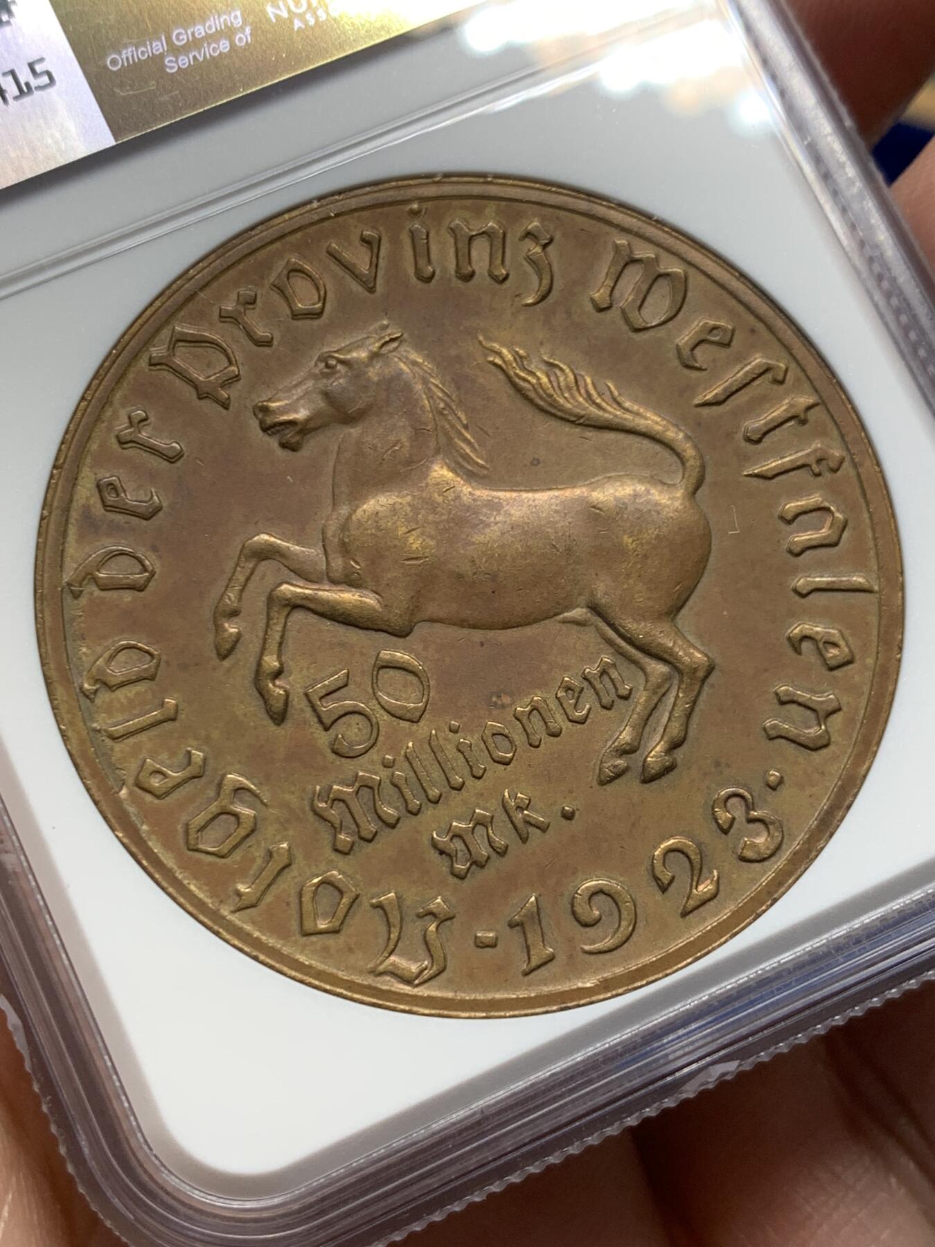 《竞宝斋》第370场 周日，周一 2场连拍 （全场包邮） NGC AU58BN 德国1923年5000万马克铜币 45MM大马币