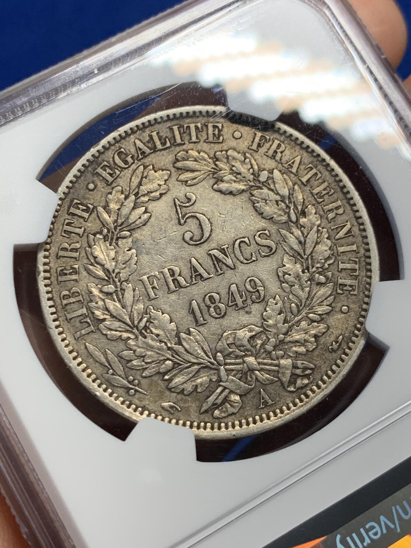 《竞宝斋》第370场 周日，周一 2场连拍 （全场包邮） NGC AU50 法国1849年谷物女神5法郎银币