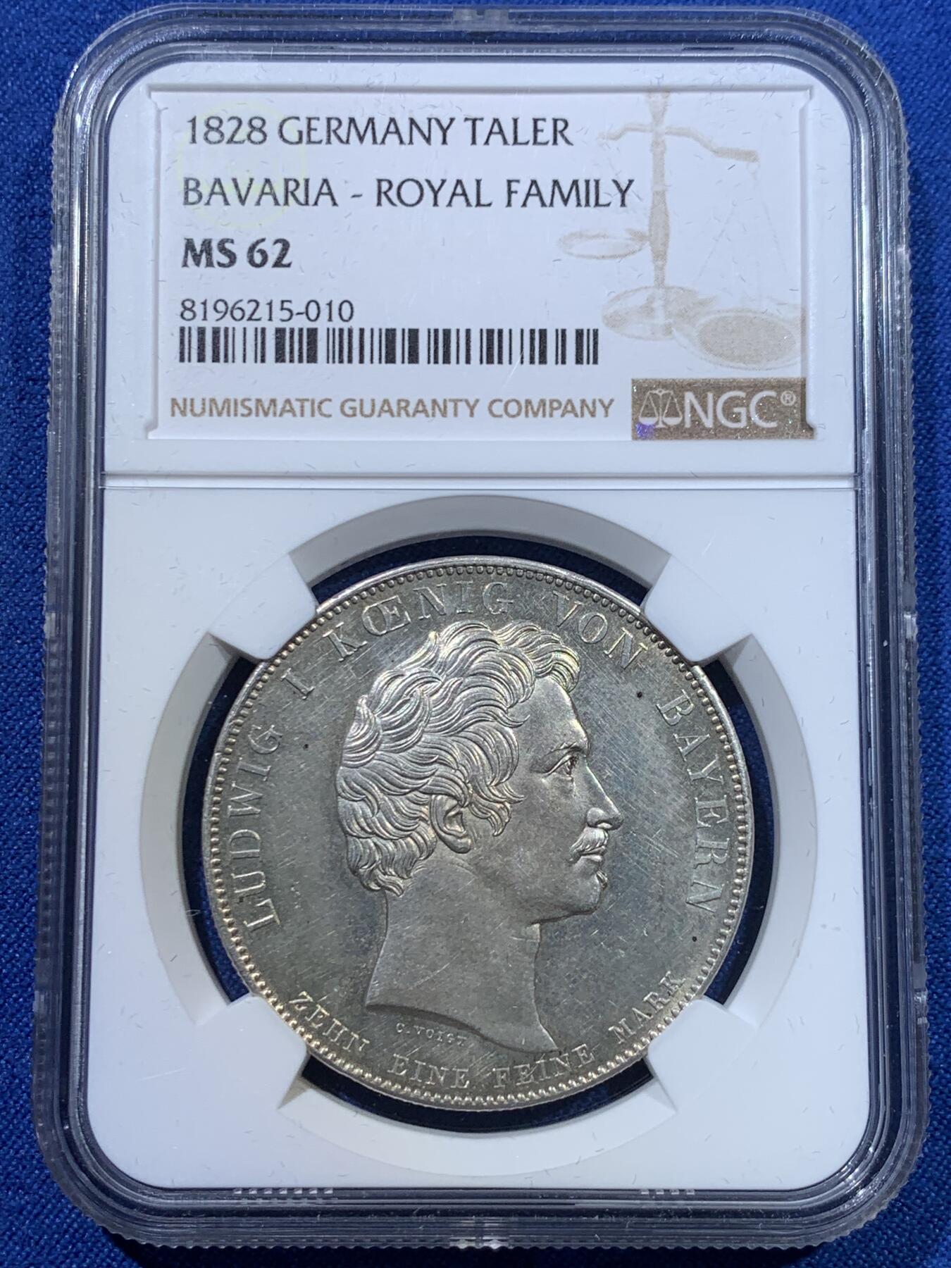《竞宝斋》第370场 周日，周一 2场连拍 （全场包邮） NGC MS62 德国 1828年 德国巴伐利亚路德维希一世皇室全家福泰勒 银币 丝滑车轮银光 包浆漂亮