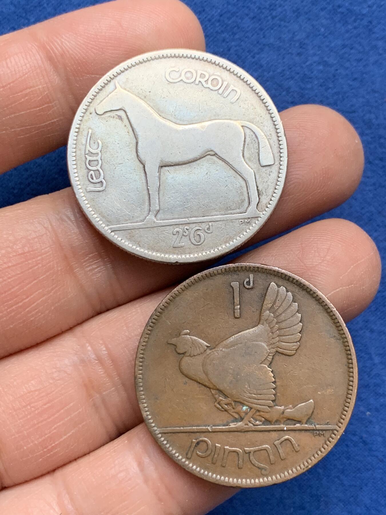 《竞宝斋》第370场 周日，周一 2场连拍 （全场包邮） 两枚一组 爱尔兰1928年半克朗银币+1便士铜币 （1928年是爱尔兰自由邦首年份）