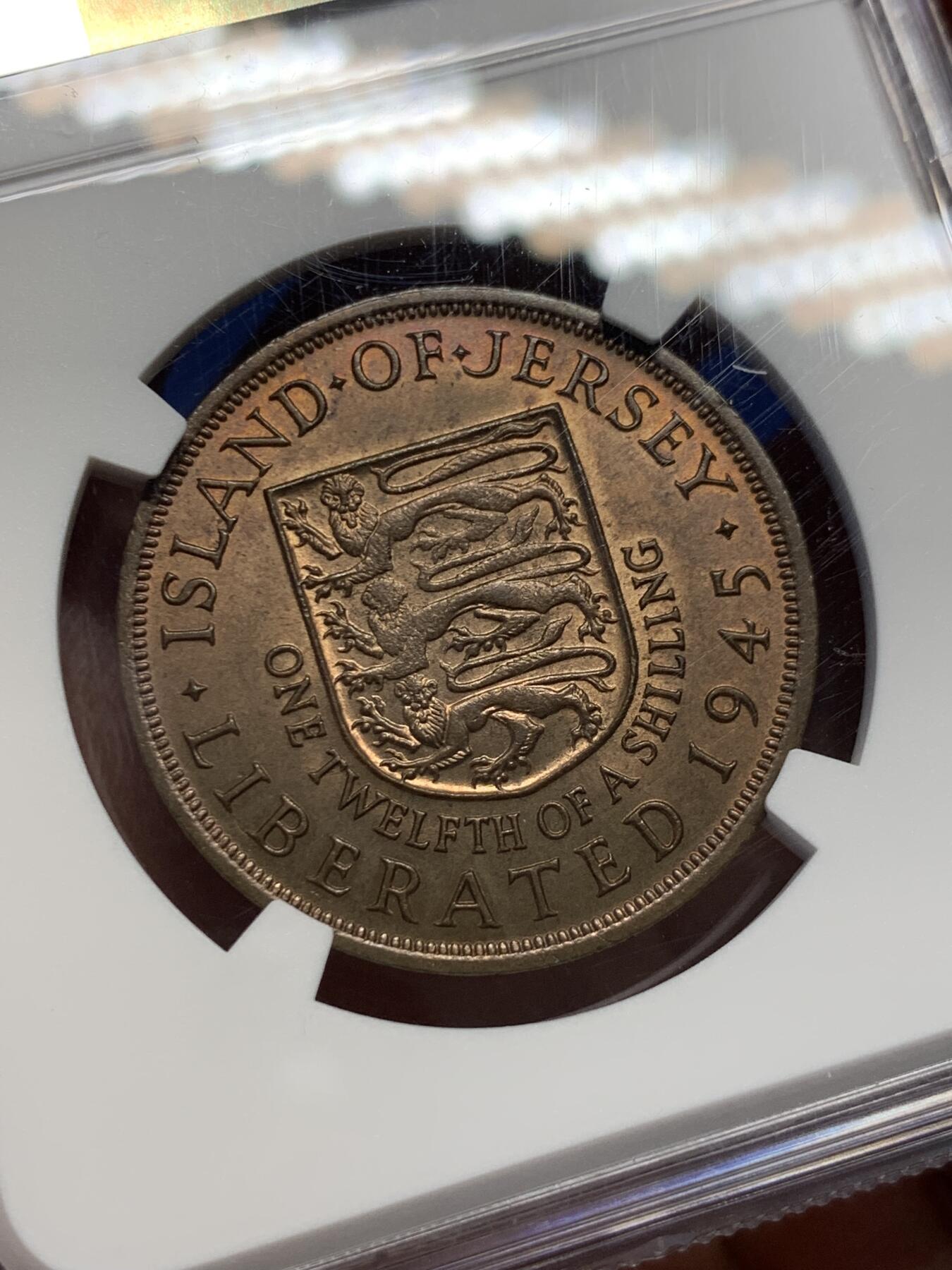 《竞宝斋》第370场 周日，周一 2场连拍 （全场包邮） NGC MS64BN 英属泽西1945年1/12先令铜币