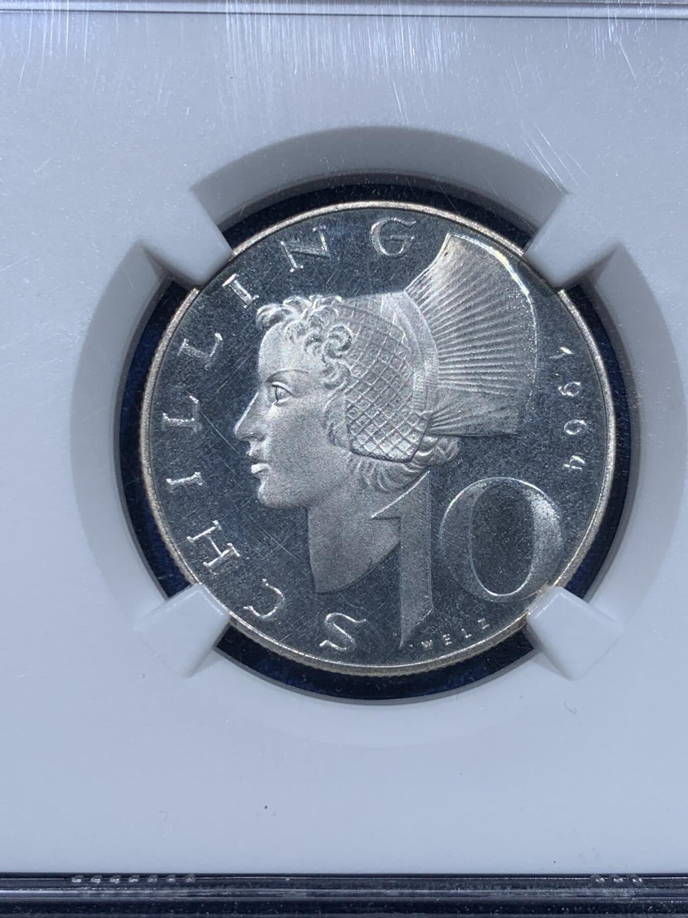 《竞宝斋》第370场 周日，周一 2场连拍 （全场包邮） NGC PF66UC 好品 奥地利1964年10先令精制银币 民族妇女经典设计！亚军分 更高分仅一枚！