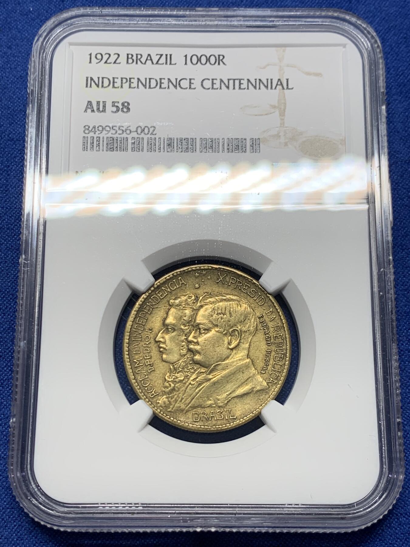 《竞宝斋》第370场 周日，周一 2场连拍 （全场包邮） NGC AU58 巴西1922年1000瑞斯铜币，纪念巴西独立100周年纪念币。