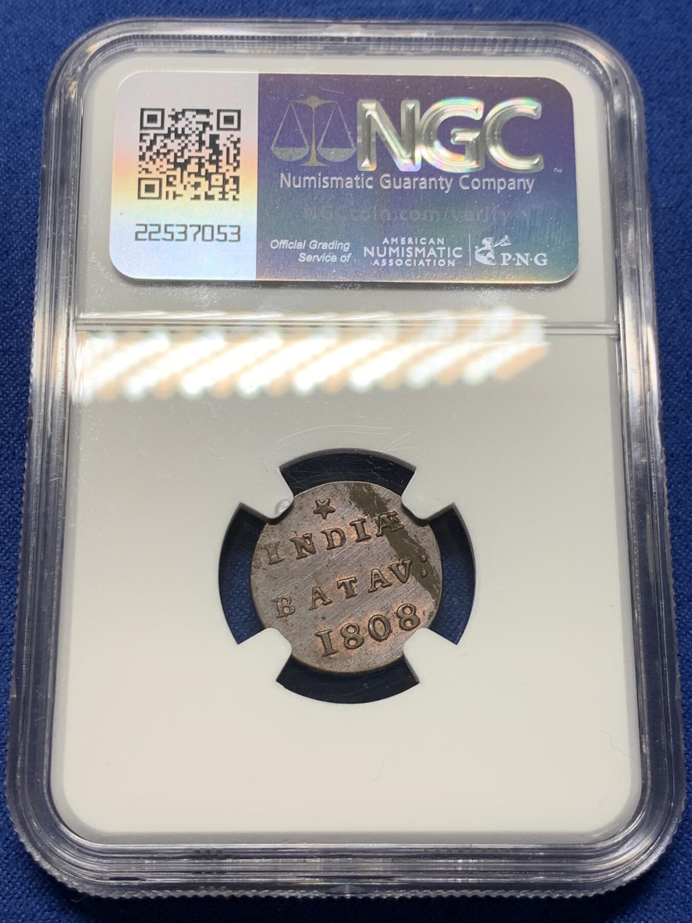 《竞宝斋》第370场 周日，周一 2场连拍 （全场包邮） NGC UNC 荷属东印度1808年1/2DUI