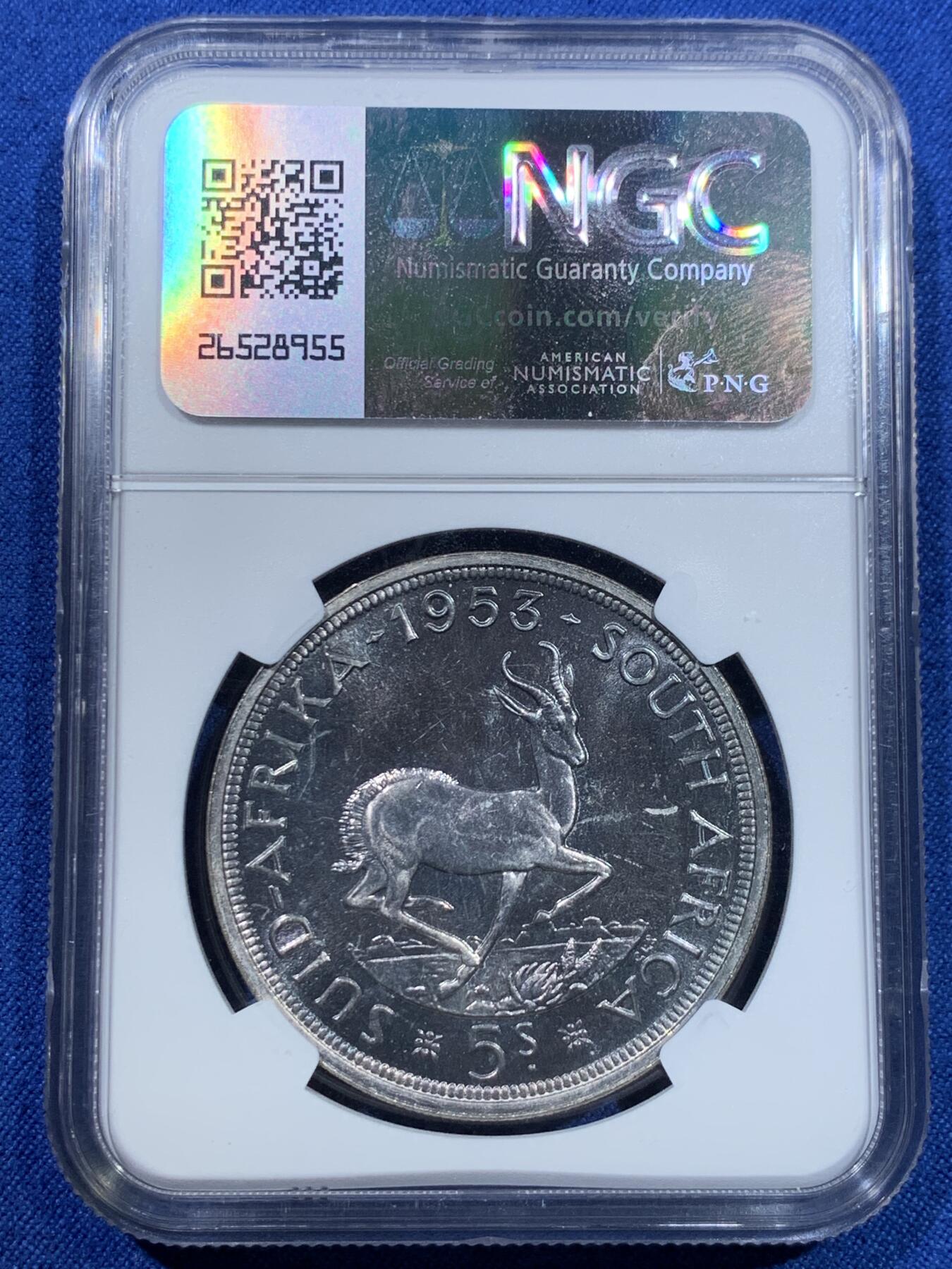 《竞宝斋》第370场 周日，周一 2场连拍 （全场包邮） NGC PF65 英属南非1953年伊丽莎白二世跳羚羊版5先令精制银币，铸造数量5000枚。原汁原味老包浆 转光强烈细节优秀，PROOF精制币，状态一流。