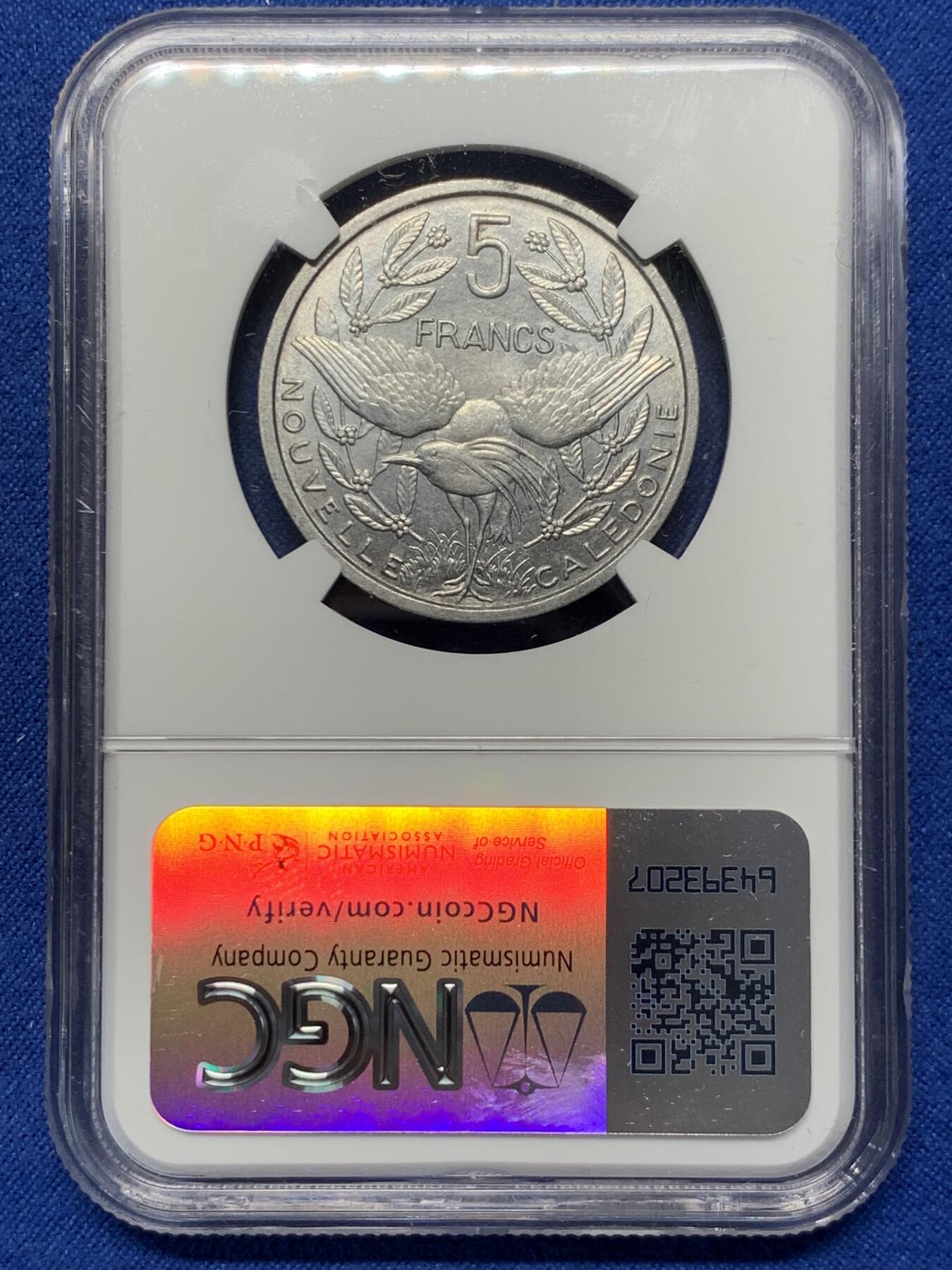 《竞宝斋》第370场 周日，周一 2场连拍 （全场包邮） NGC MS63 新喀里多尼亚1952年5法郎 最大面值 独立年份 上MS挺少见的