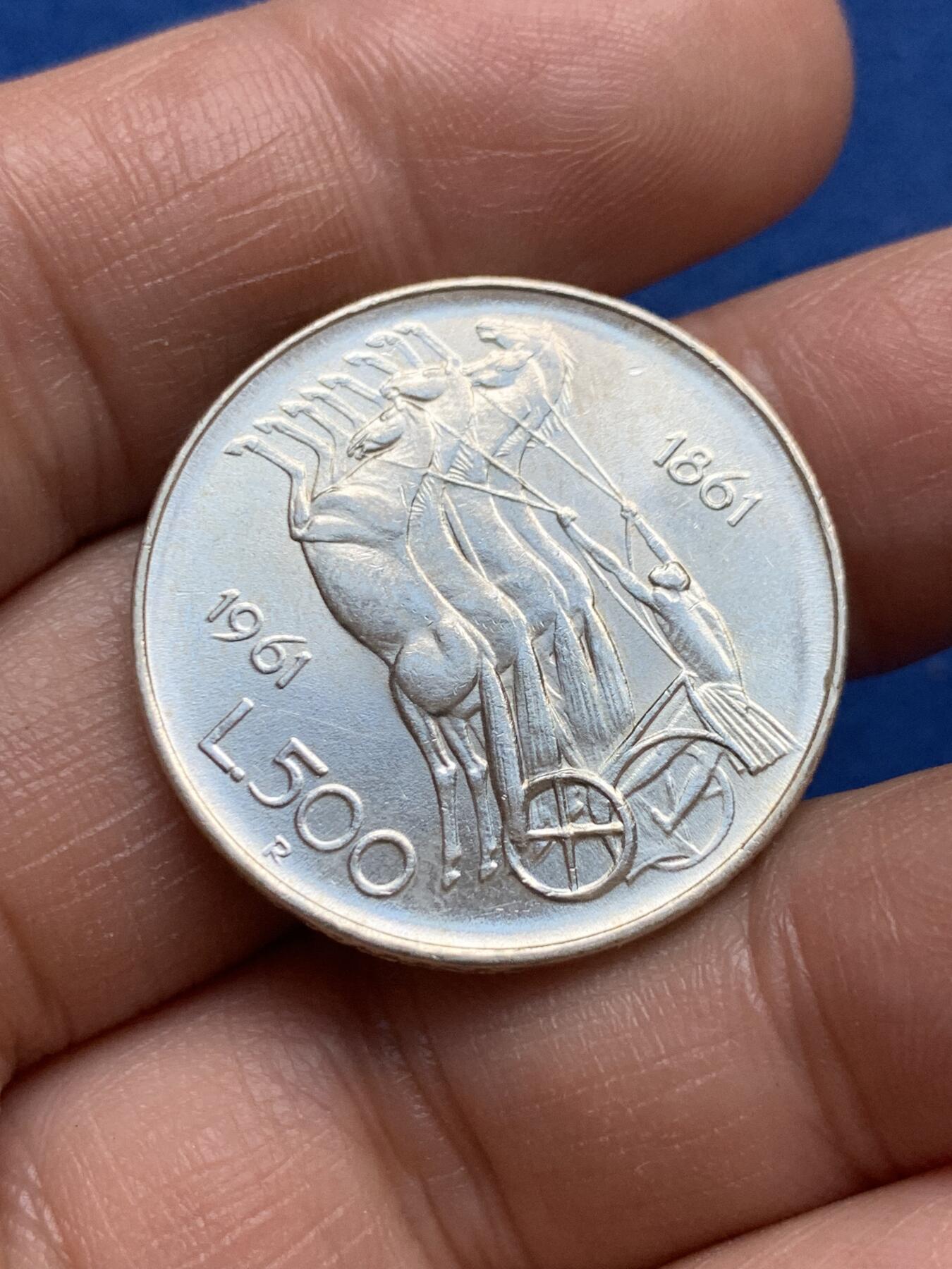 《竞宝斋》第370场 周日，周一 2场连拍 （全场包邮） 意大利 1961年 国家统一100周年纪念 马车 500里拉 银币