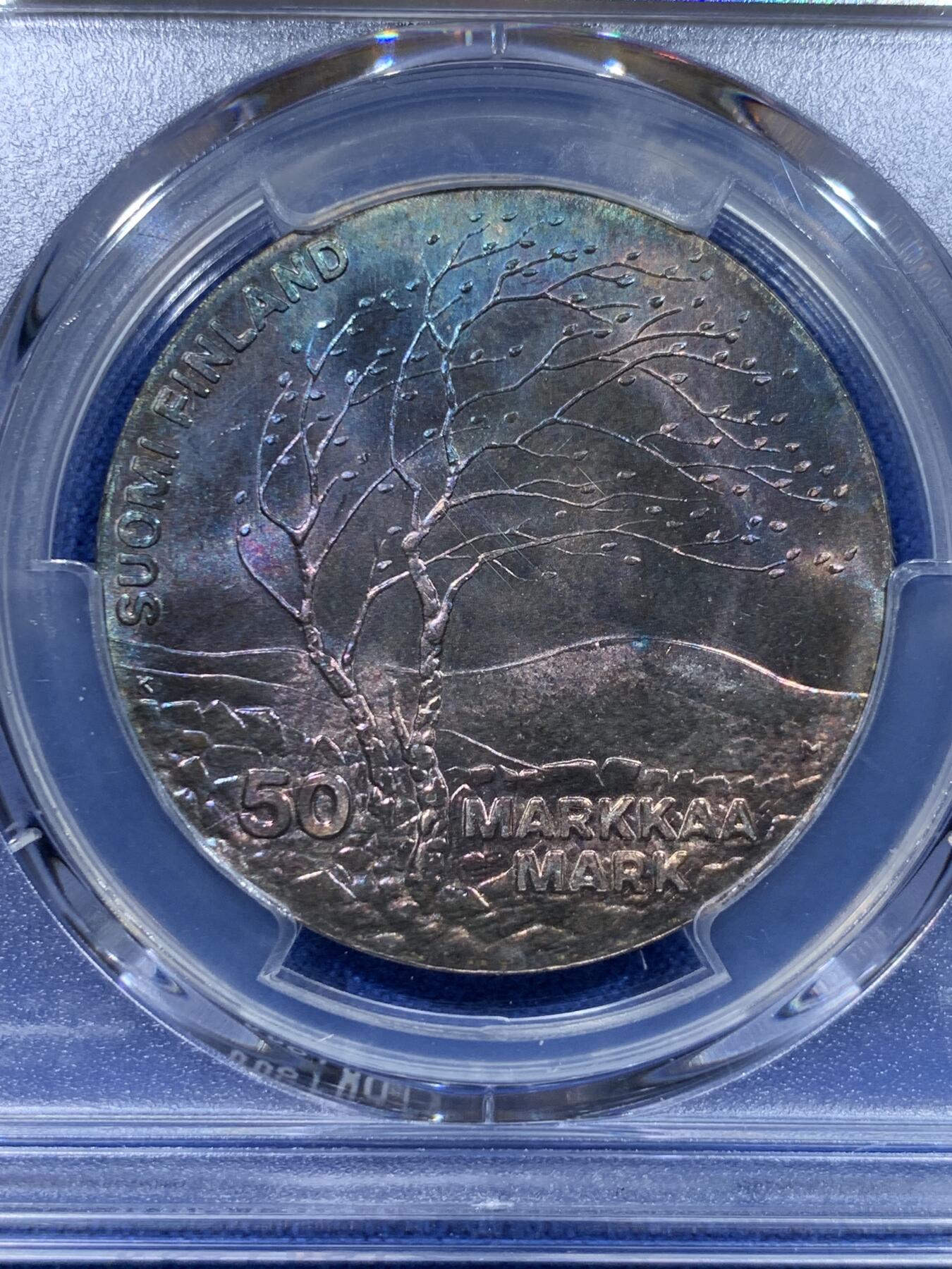 《竞宝斋》第370场 周日，周一 2场连拍 （全场包邮） PCGS MS67 芬兰1983第一届田径竞标赛银币，青紫色包浆，呈现比赛健儿超越极限