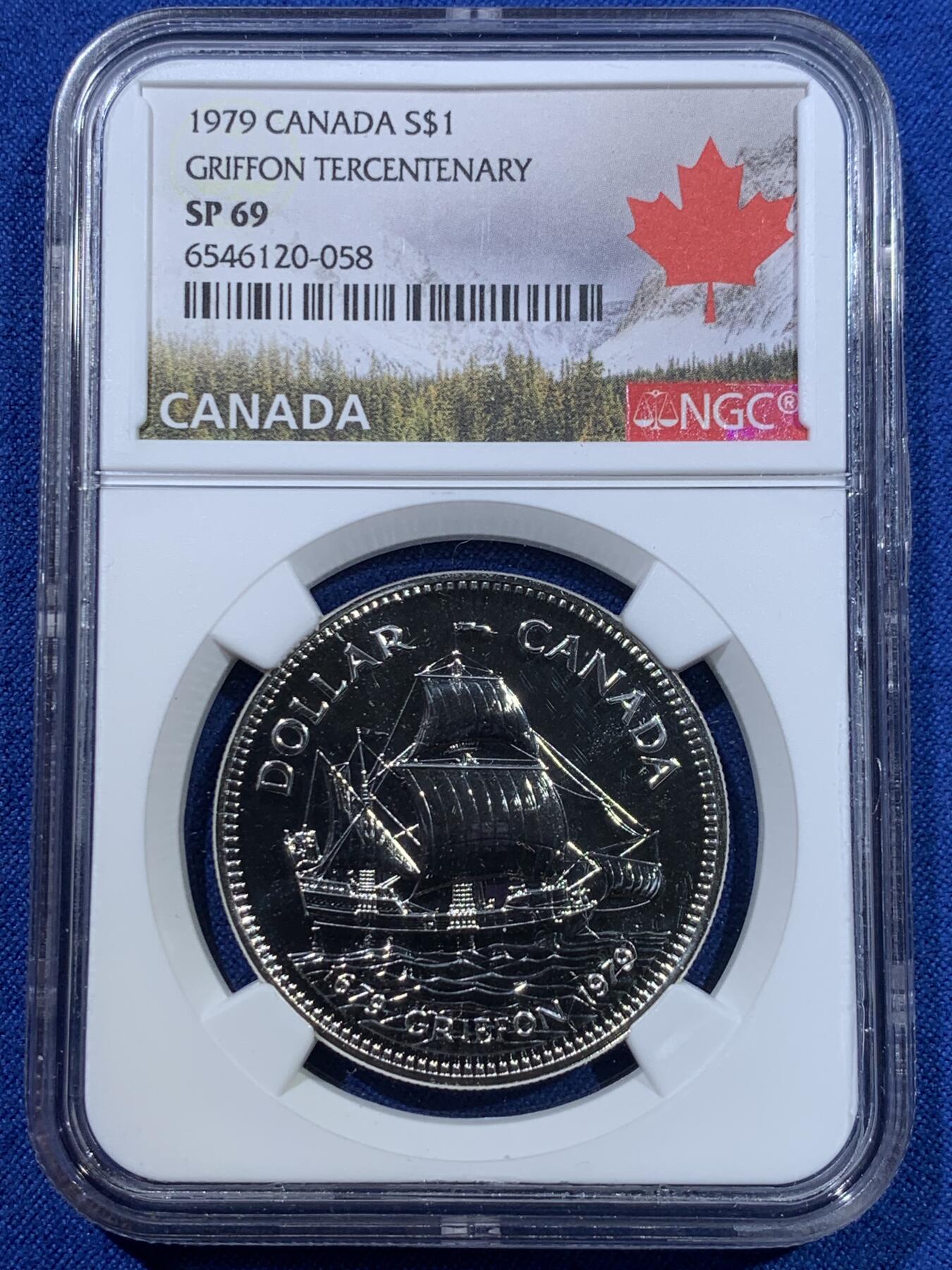 《竞宝斋》第370场 周日，周一 2场连拍 （全场包邮） NGC SP69 加拿大1979年格里芬号1元纪念银币