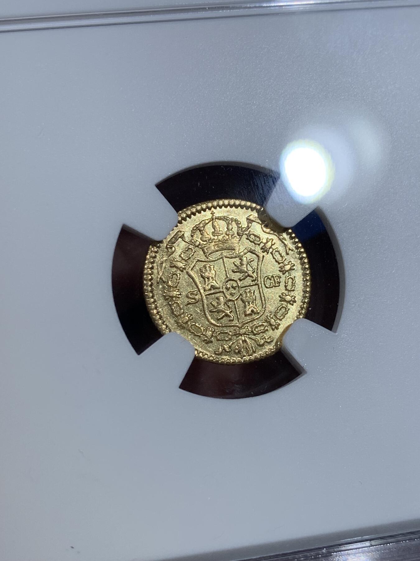 《竞宝斋》第370场 周日，周一 2场连拍 （全场包邮） NGC MS61 西班牙1775年卡洛斯三世半埃斯库多金币 少见！