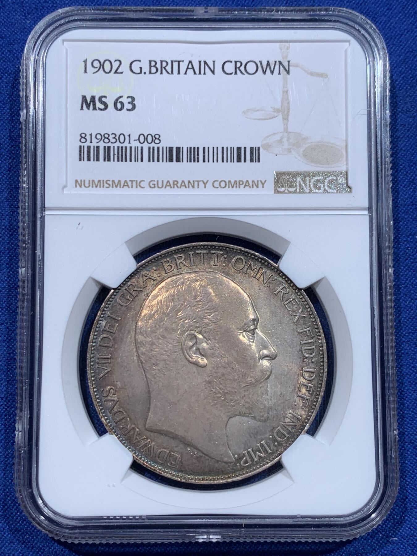 《竞宝斋》第370场 周日，周一 2场连拍 （全场包邮） NGC MS63 英国1902年爱德华七世马剑克朗 双面欧洲五彩包浆过于美丽 值得珍藏