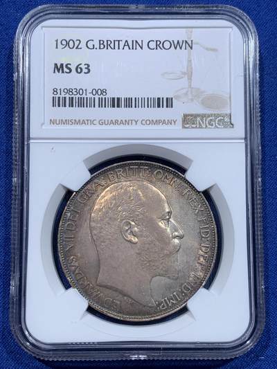 《竞宝斋》第370场 周日，周一 2场连拍 （全场包邮） - NGC MS63 英国1902年爱德华七世马剑克朗 双面欧洲五彩包浆过于美丽 值得珍藏