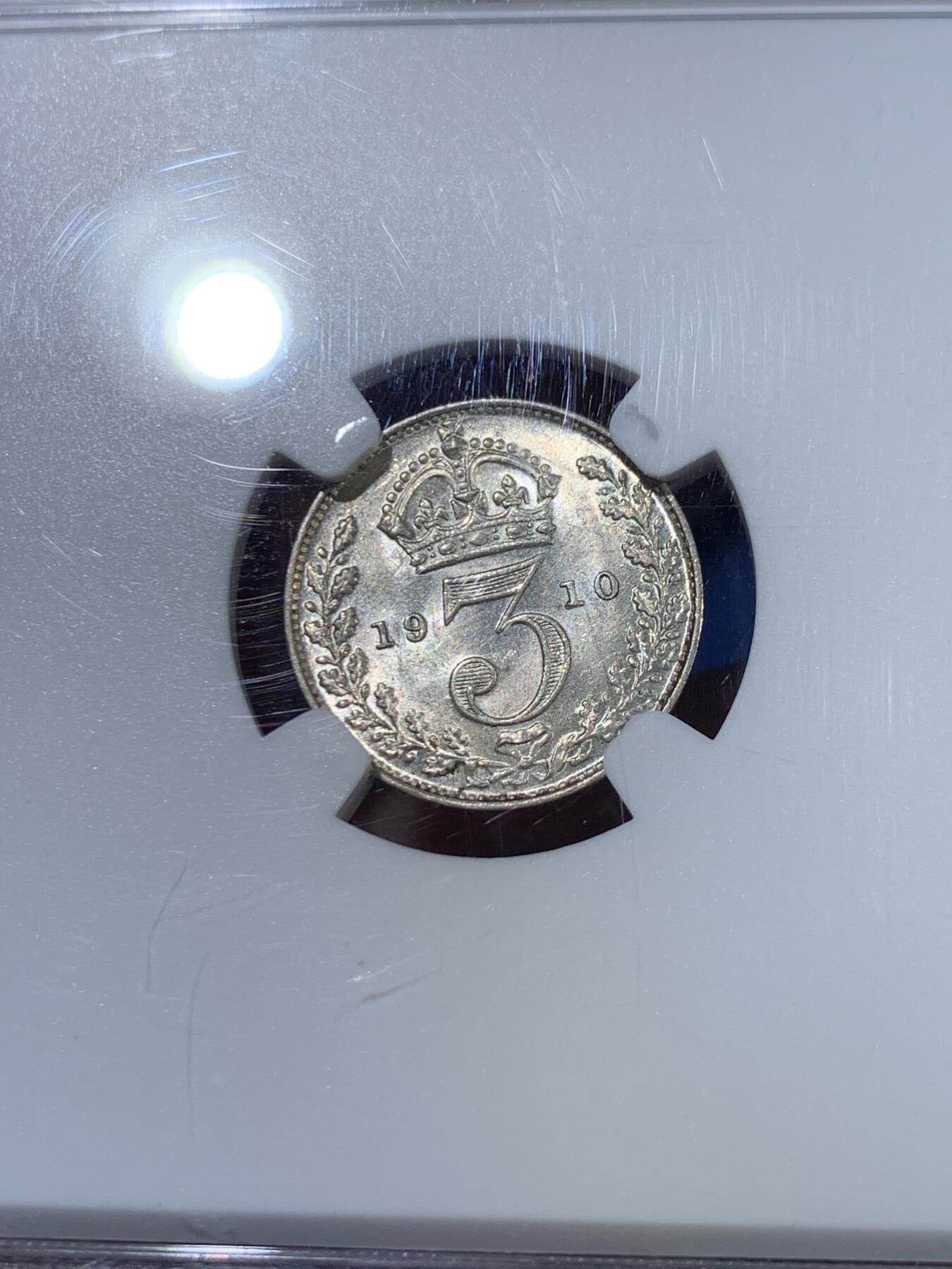 《竞宝斋》第370场 周日，周一 2场连拍 （全场包邮） NGC MS62 英国 1910年 爱德华七世 3便士 银币