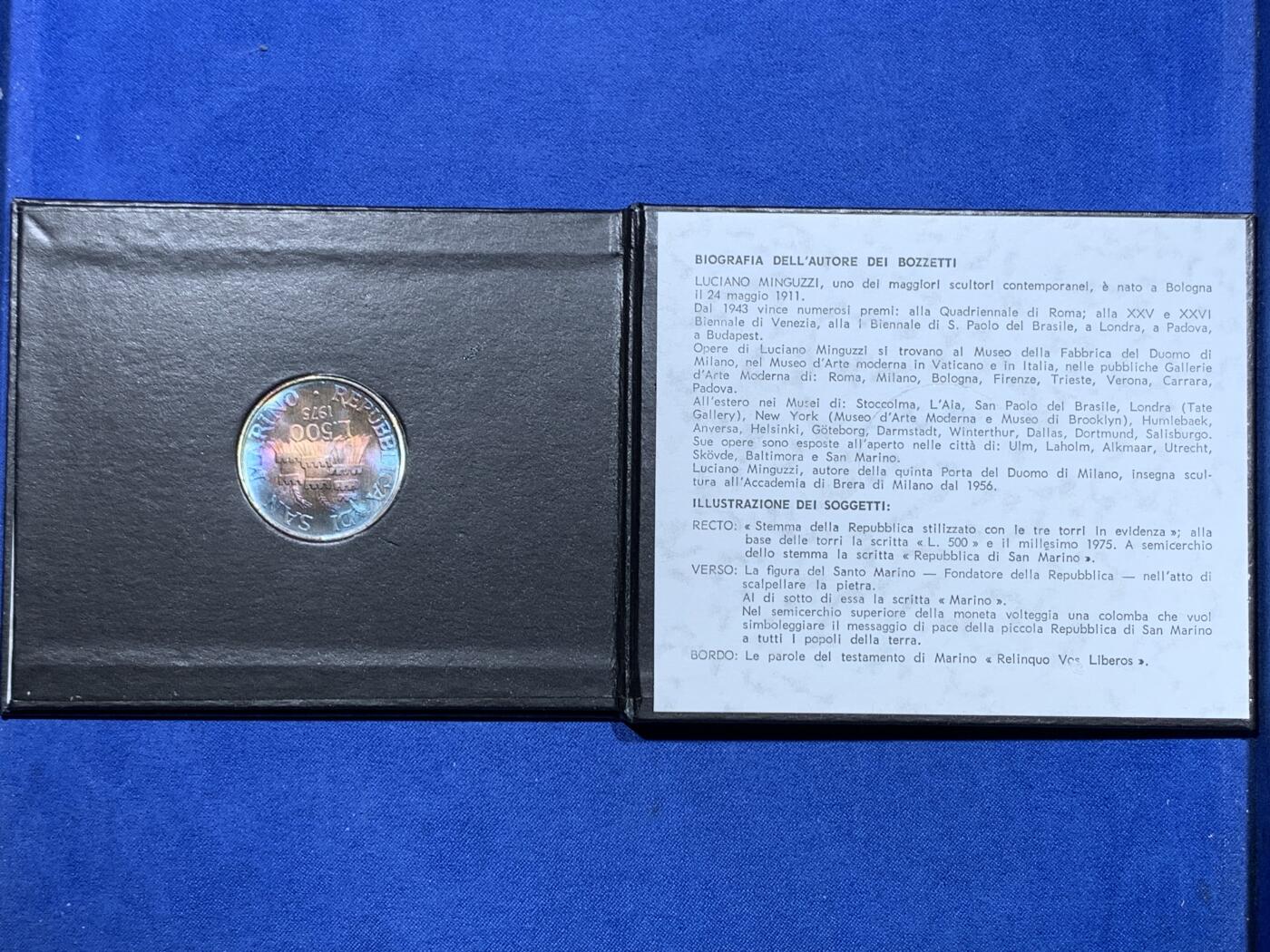 《竞宝斋》第370场 周日，周一 2场连拍 （全场包邮） 卡装 圣马力诺1975年钱币局开业纪念500里拉银币