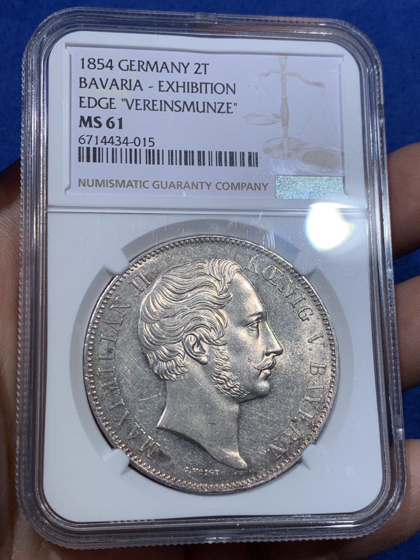 《竞宝斋》第370场 周日，周一 2场连拍 （全场包邮） NGC MS61 德国 1854 巴伐利亚 马克西米利安二世水晶宫纪念流通2泰勒 大银币 品种难得 带PL质感