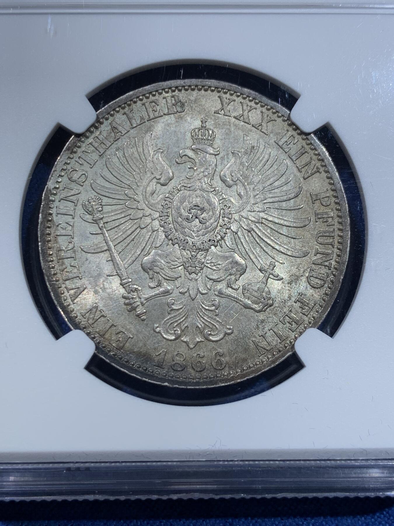 《竞宝斋》第370场 周日，周一 2场连拍 （全场包邮） NGC MS63 德国 1866年 德国普鲁士普奥战争胜利1泰勒 纪念银币 丝滑车轮银光