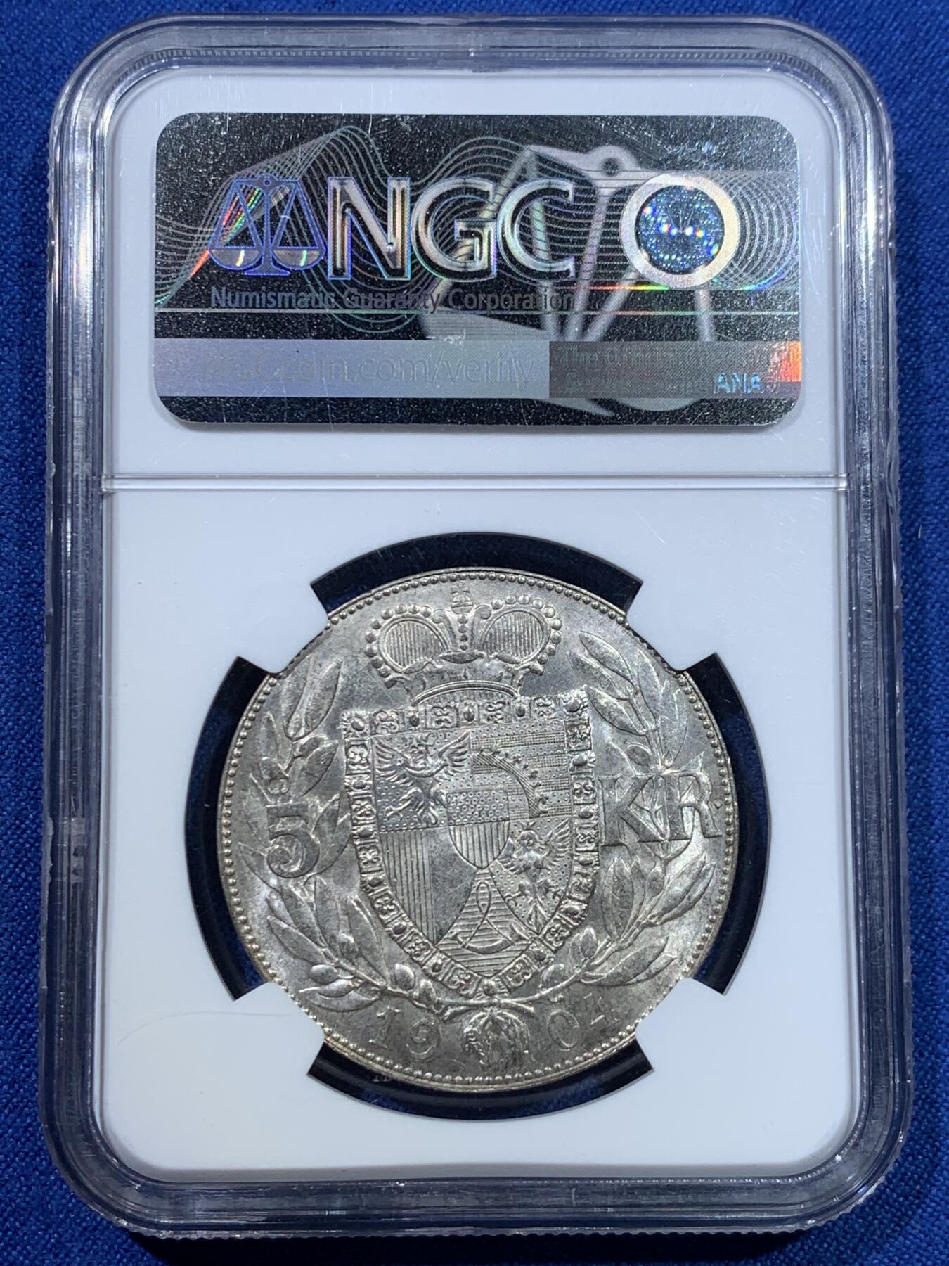 《竞宝斋》第370场 周日，周一 2场连拍 （全场包邮） NGC MS63 列支敦士登1904年约翰二世亲王5K大银币