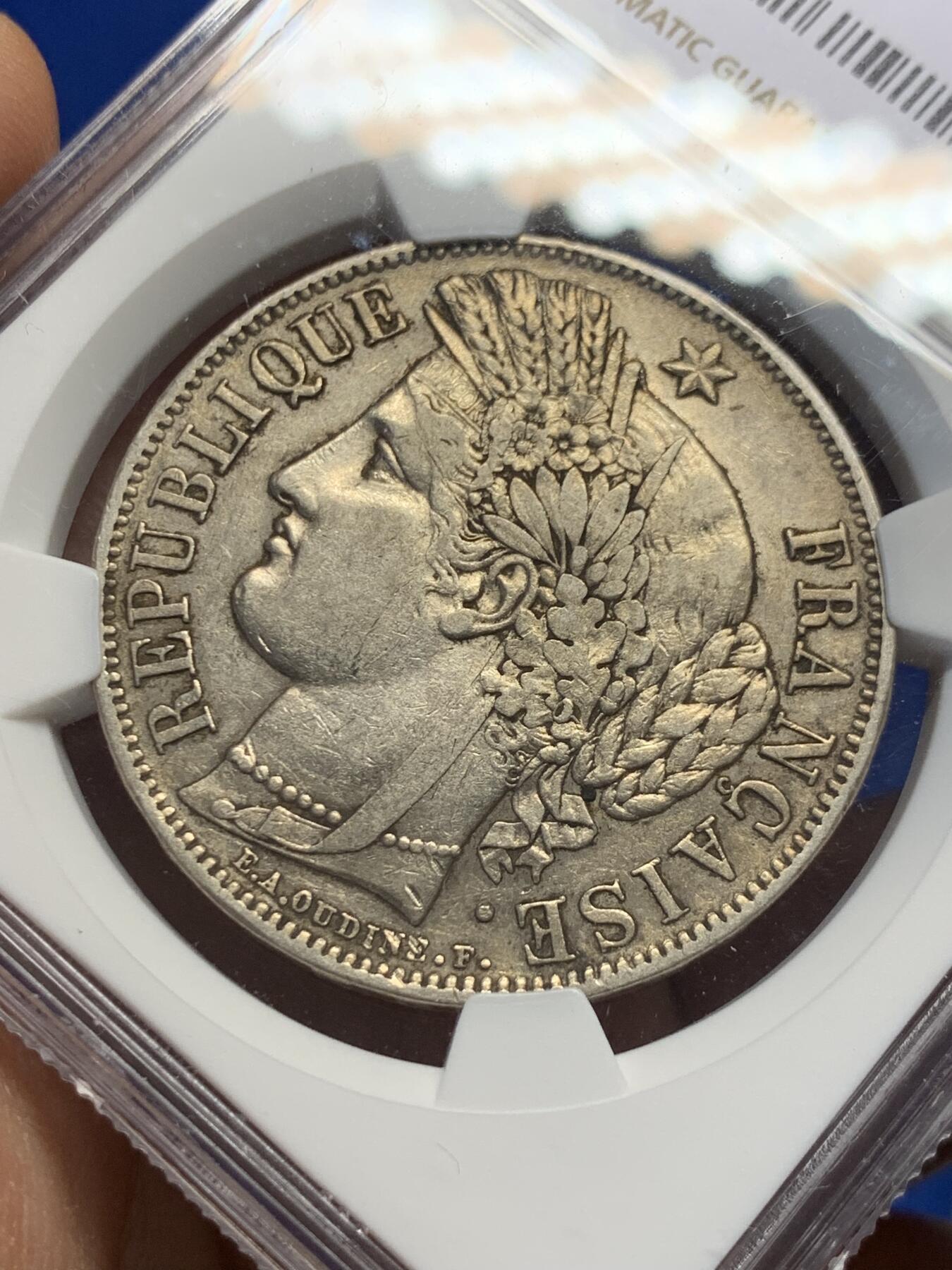 《竞宝斋》第370场 周日，周一 2场连拍 （全场包邮） NGC AU50 法国1849年谷物女神5法郎银币