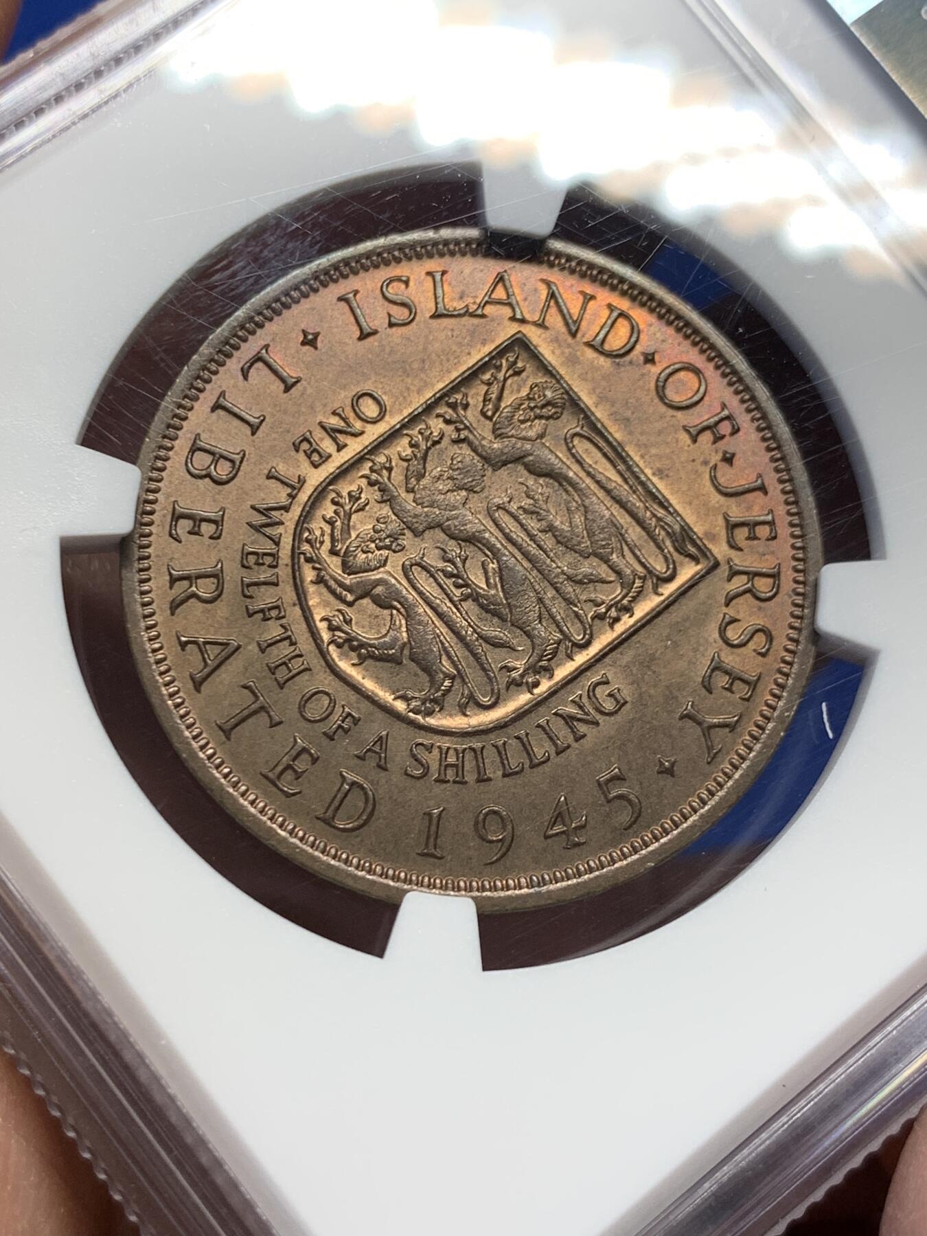 《竞宝斋》第370场 周日，周一 2场连拍 （全场包邮） NGC MS64BN 英属泽西1945年1/12先令铜币