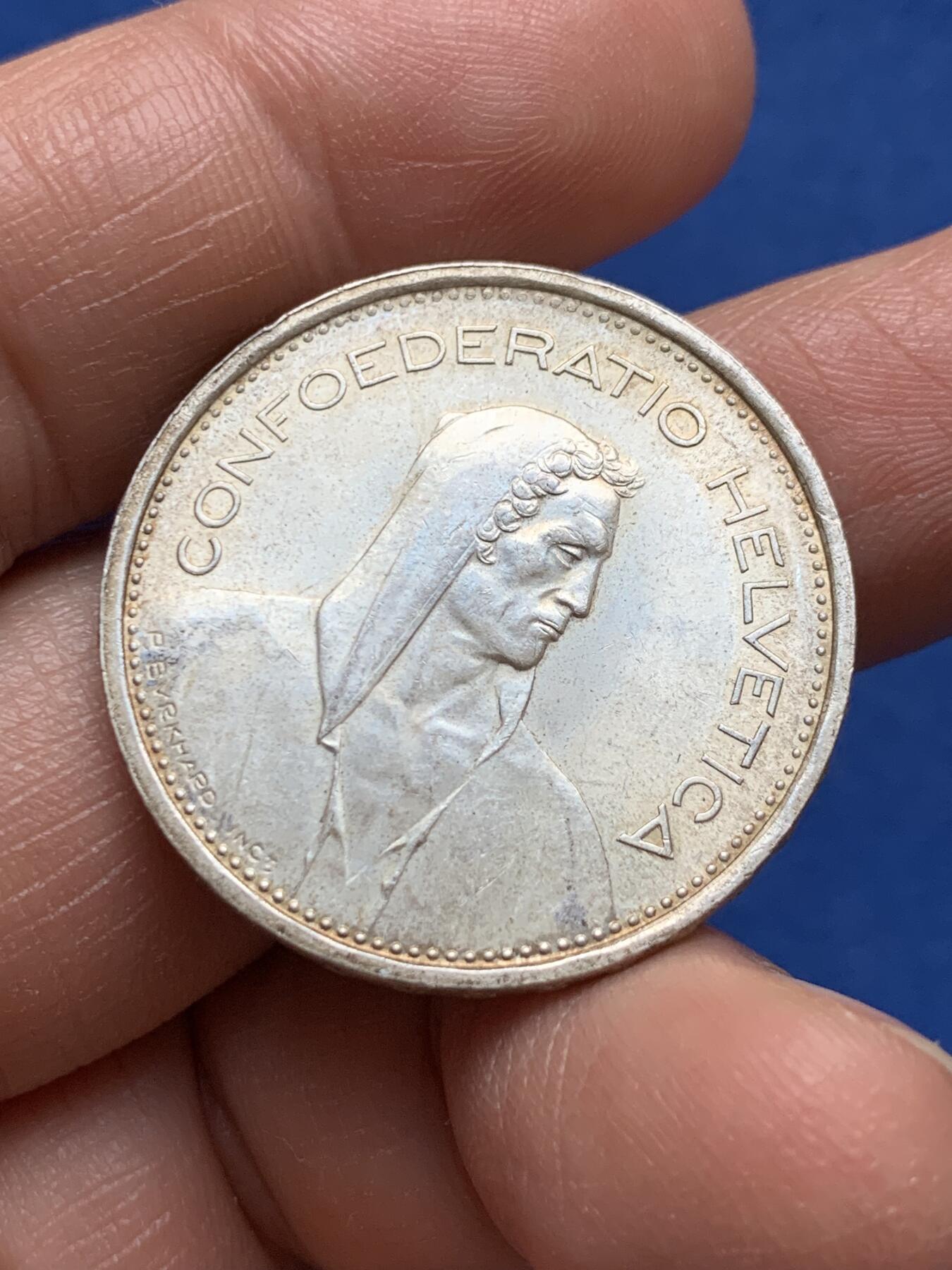 《竞宝斋》第370场 周日，周一 2场连拍 （全场包邮） 瑞士 1969年 威廉泰尔 5法郎 银币 带原光 15克 835银