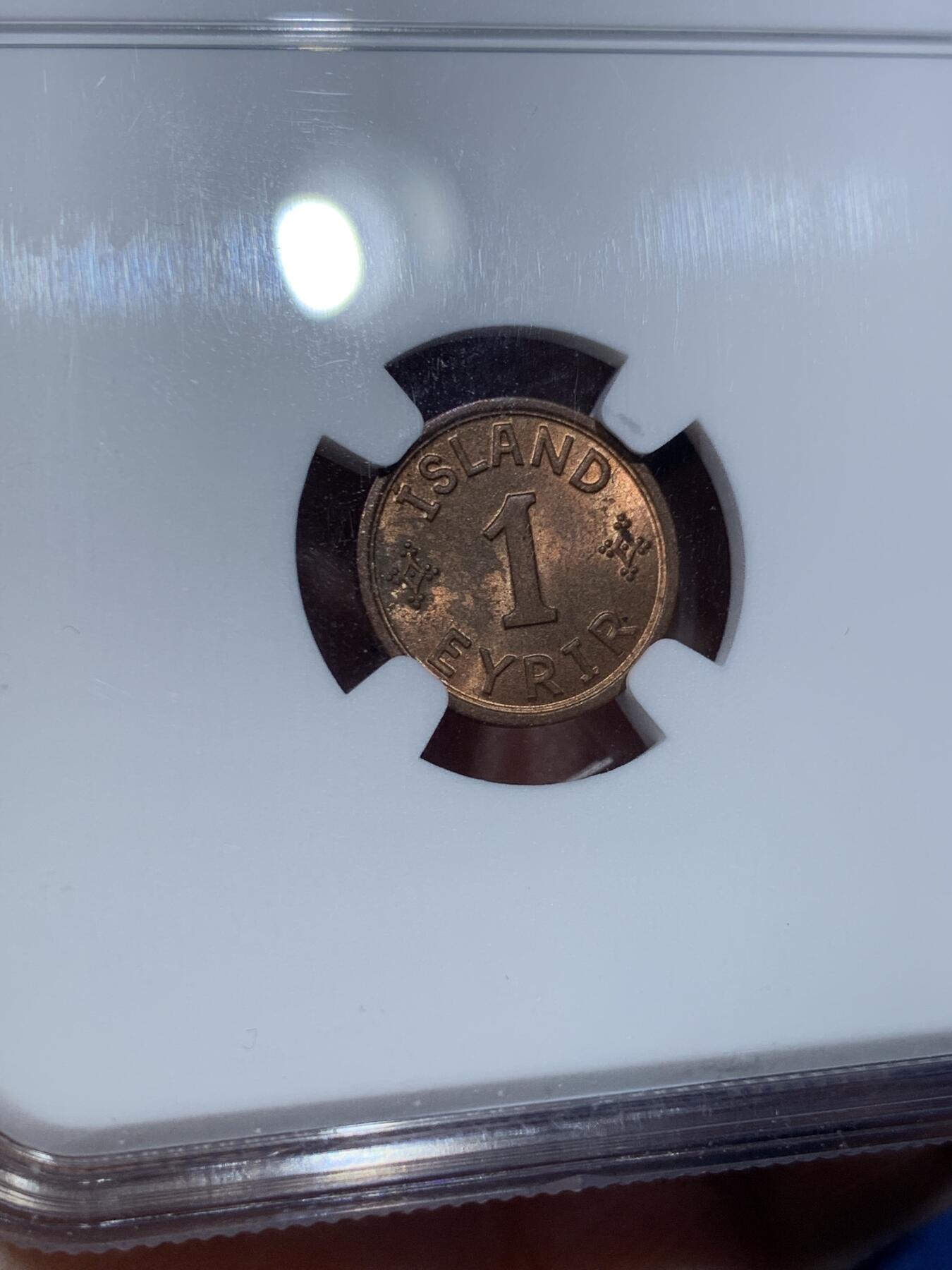 《竞宝斋》第370场 周日，周一 2场连拍 （全场包邮） NGC MS63RB 冰岛 1942年 1 艾里尔 铜币 末年高分好品