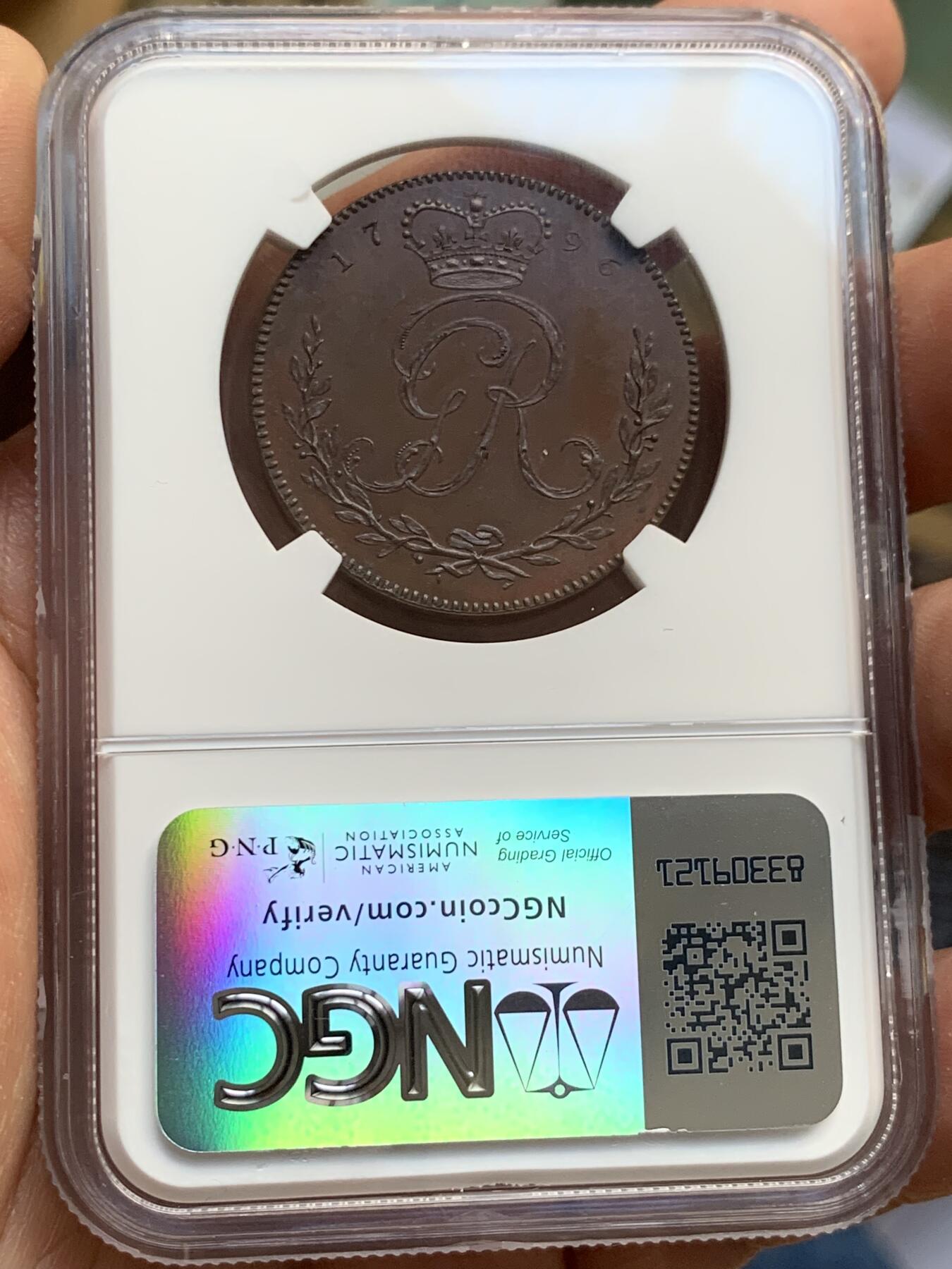 《竞宝斋》第370场 周日，周一 2场连拍 （全场包邮） NGC PF65 BN 黄金海岸 1796 英属加纳 乔治三世 1阿基 铜币 稀缺品种 状态分数都值得收藏