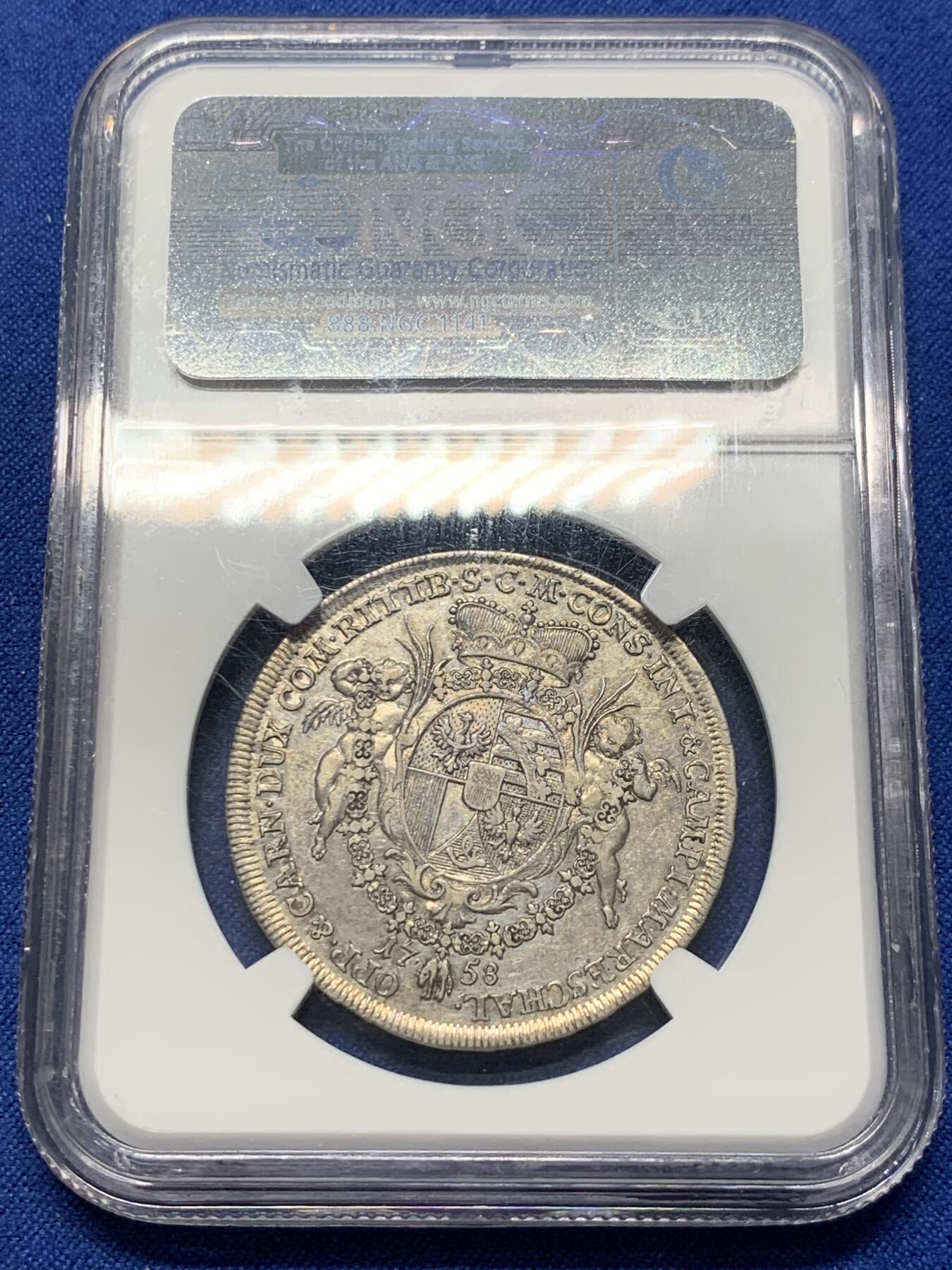 《竞宝斋》第370场 周日，周一 2场连拍 （全场包邮） NGC XF45 列支敦士登1758年1/2泰勒，亲王用于宣示主权和馈赠贵族，并不用于流通。单年版，发行量900枚