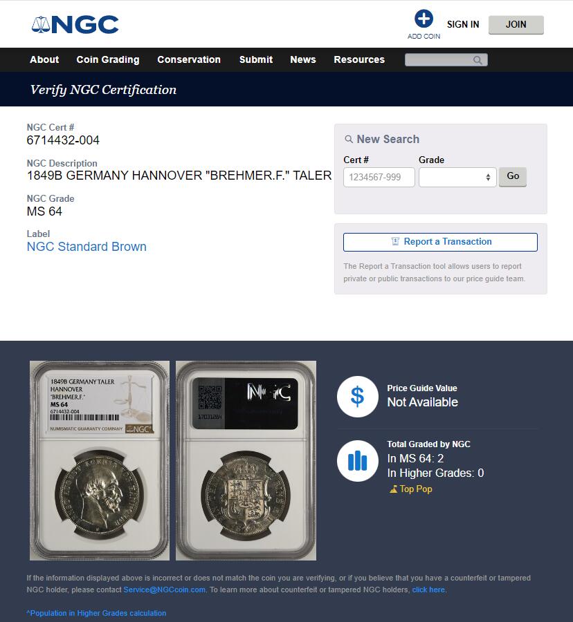 《竞宝斋》第370场 周日，周一 2场连拍 （全场包邮） 冠军分 NGC MS64 德国 1849年 汉诺威奥古斯特泰勒银币 顶级状态 不可错过