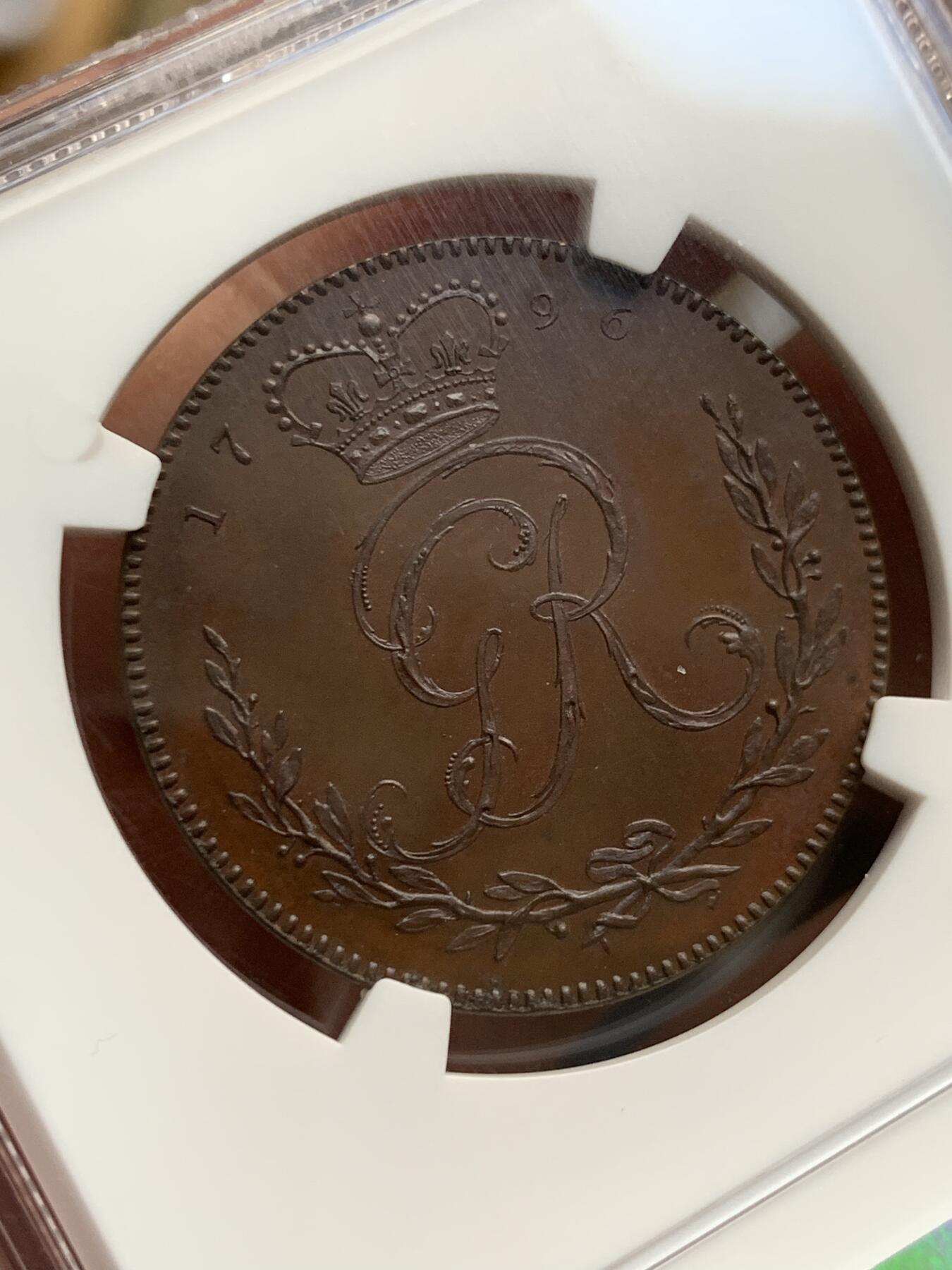 《竞宝斋》第370场 周日，周一 2场连拍 （全场包邮） NGC PF65 BN 黄金海岸 1796 英属加纳 乔治三世 1阿基 铜币 稀缺品种 状态分数都值得收藏