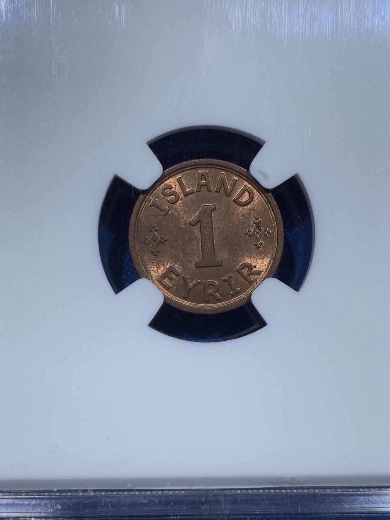 《竞宝斋》第370场 周日，周一 2场连拍 （全场包邮） NGC MS63RB 冰岛 1942年 1 艾里尔 铜币 末年高分好品