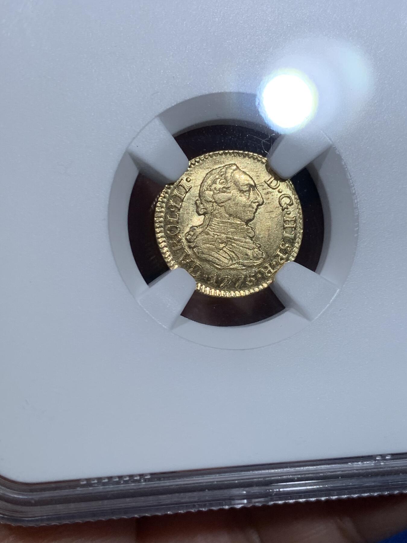 《竞宝斋》第370场 周日，周一 2场连拍 （全场包邮） NGC MS61 西班牙1775年卡洛斯三世半埃斯库多金币 少见！