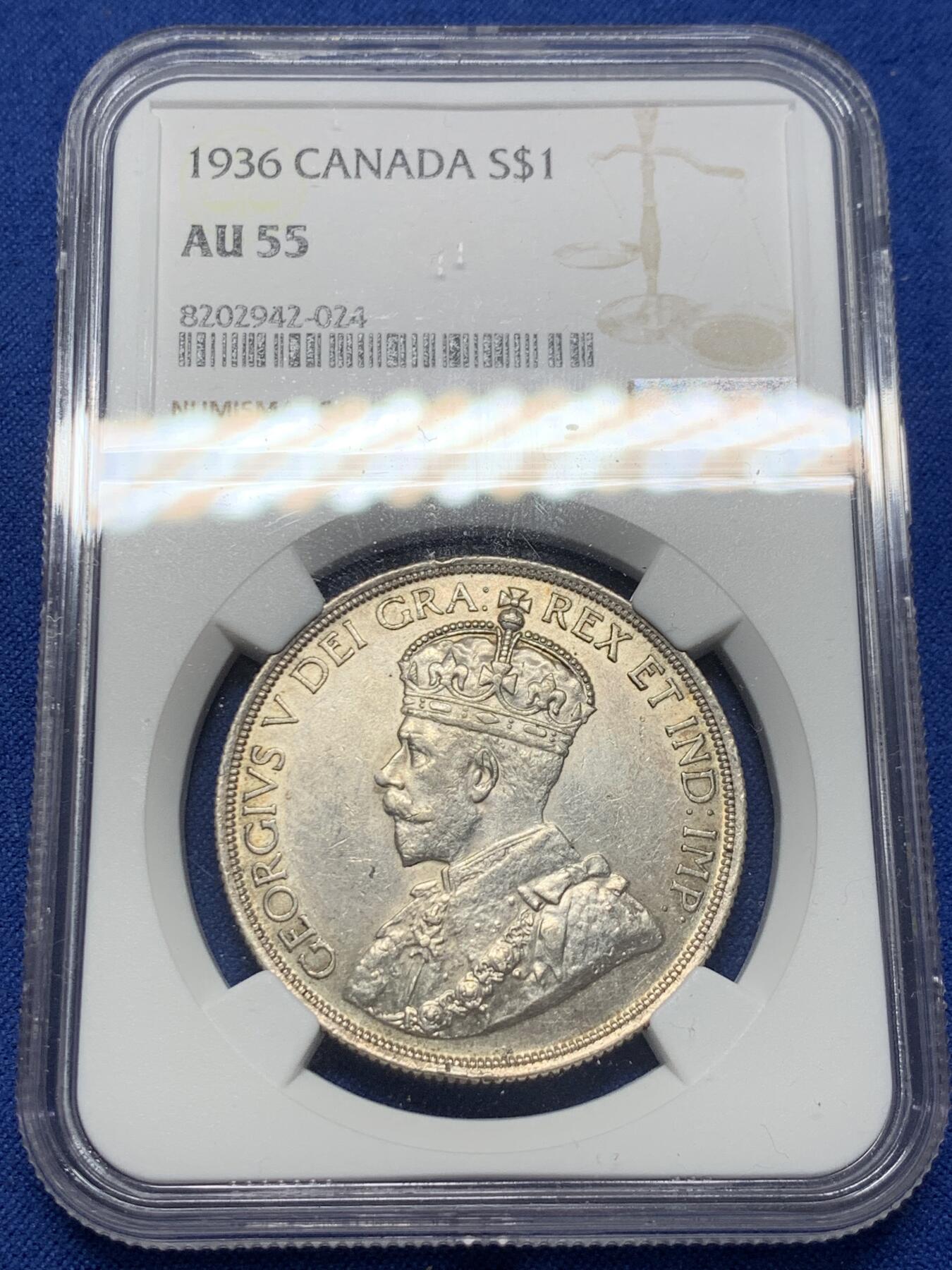 《竞宝斋》第370场 周日，周一 2场连拍 （全场包邮） NGC AU55 加拿大1936年乔五头像划船1元大银币