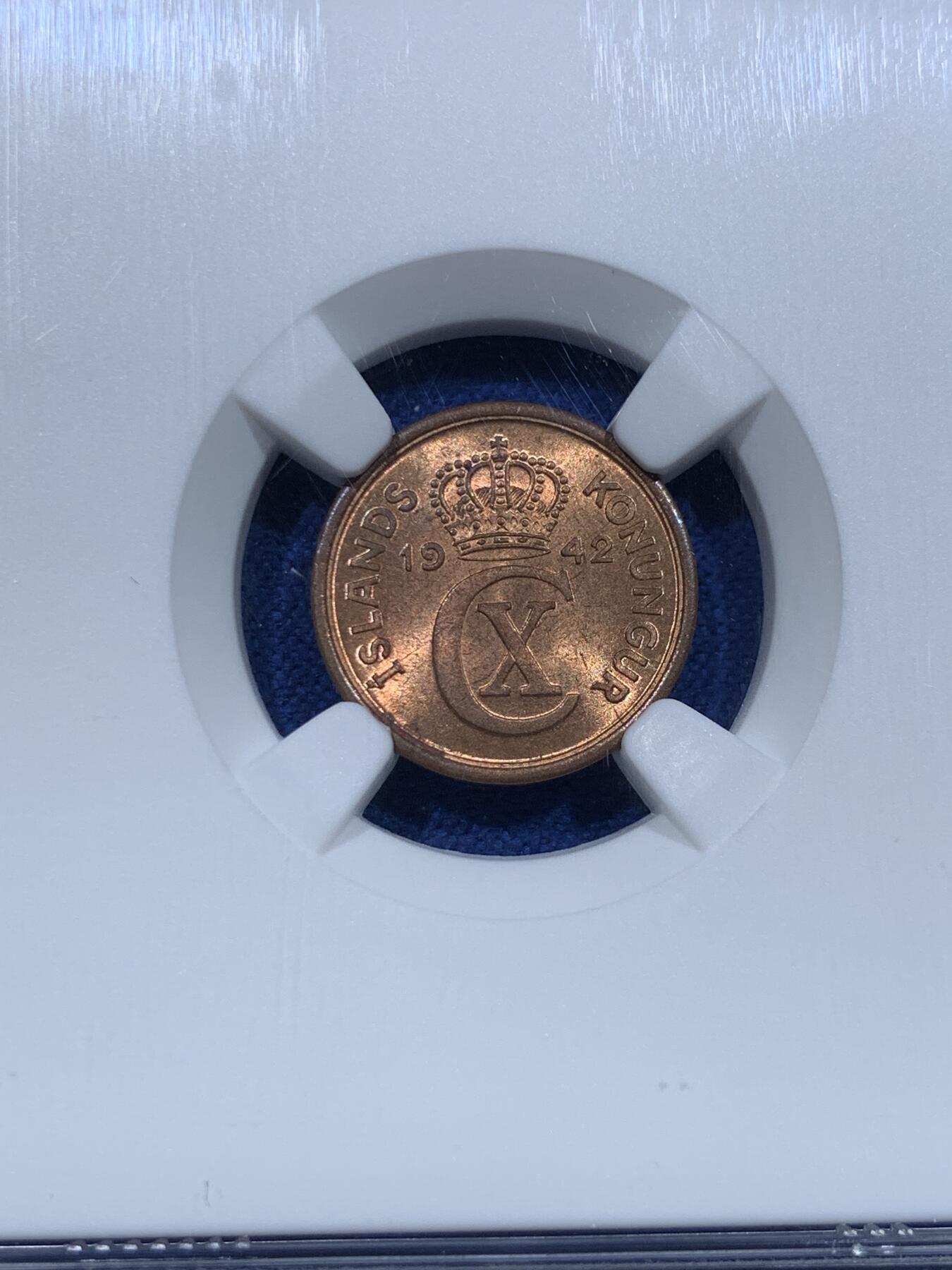 《竞宝斋》第370场 周日，周一 2场连拍 （全场包邮） NGC MS63RB 冰岛 1942年 1 艾里尔 铜币 末年高分好品