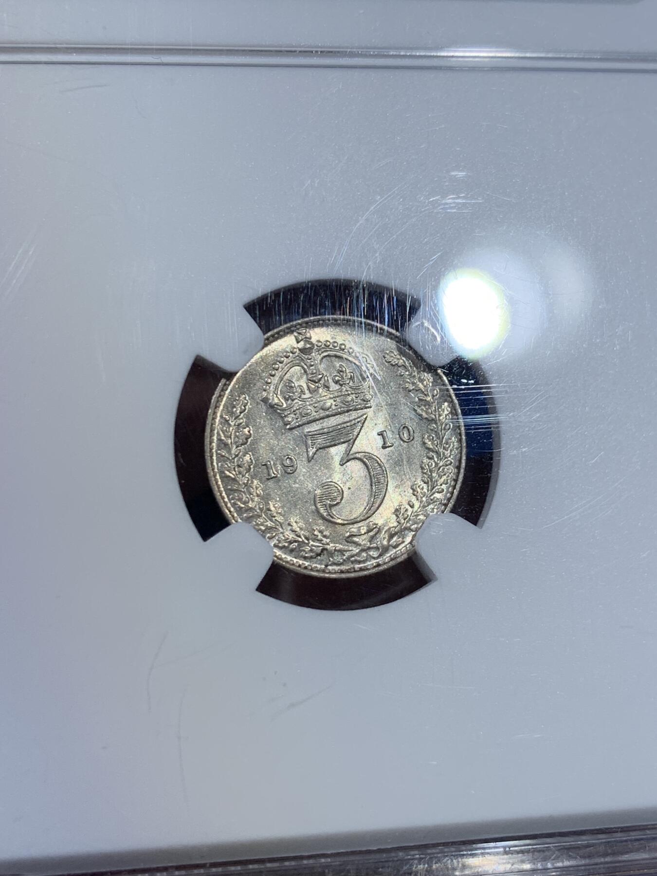 《竞宝斋》第370场 周日，周一 2场连拍 （全场包邮） NGC MS62 英国 1910年 爱德华七世 3便士 银币