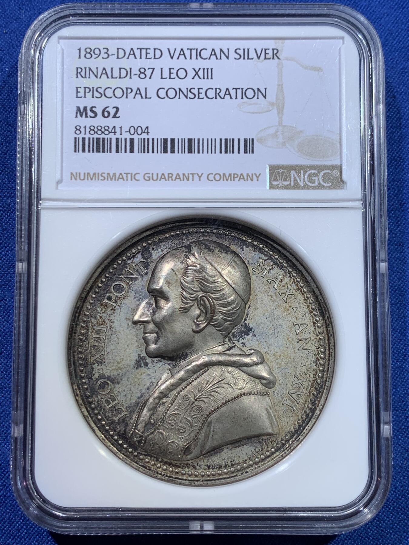 《竞宝斋》第370场 周日，周一 2场连拍 （全场包邮） NGC MS62 梵蒂冈1893年里奥十三世主教祝圣纪念银章，高浮雕，加厚盒装。