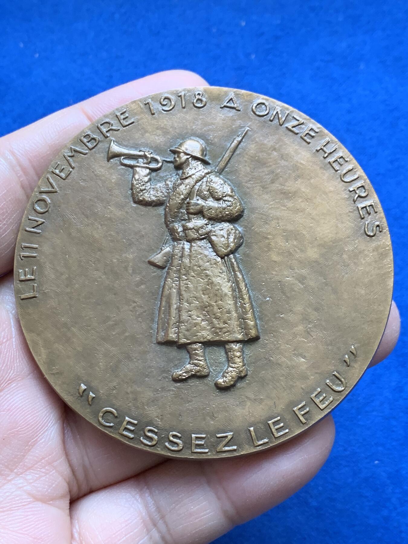 《竞宝斋》第370场 周日，周一 2场连拍 （全场包邮） 法国一战胜利50周年纪念铜章 高浮雕 172.9克 68mm 1968 丰饶角铜标 带盒